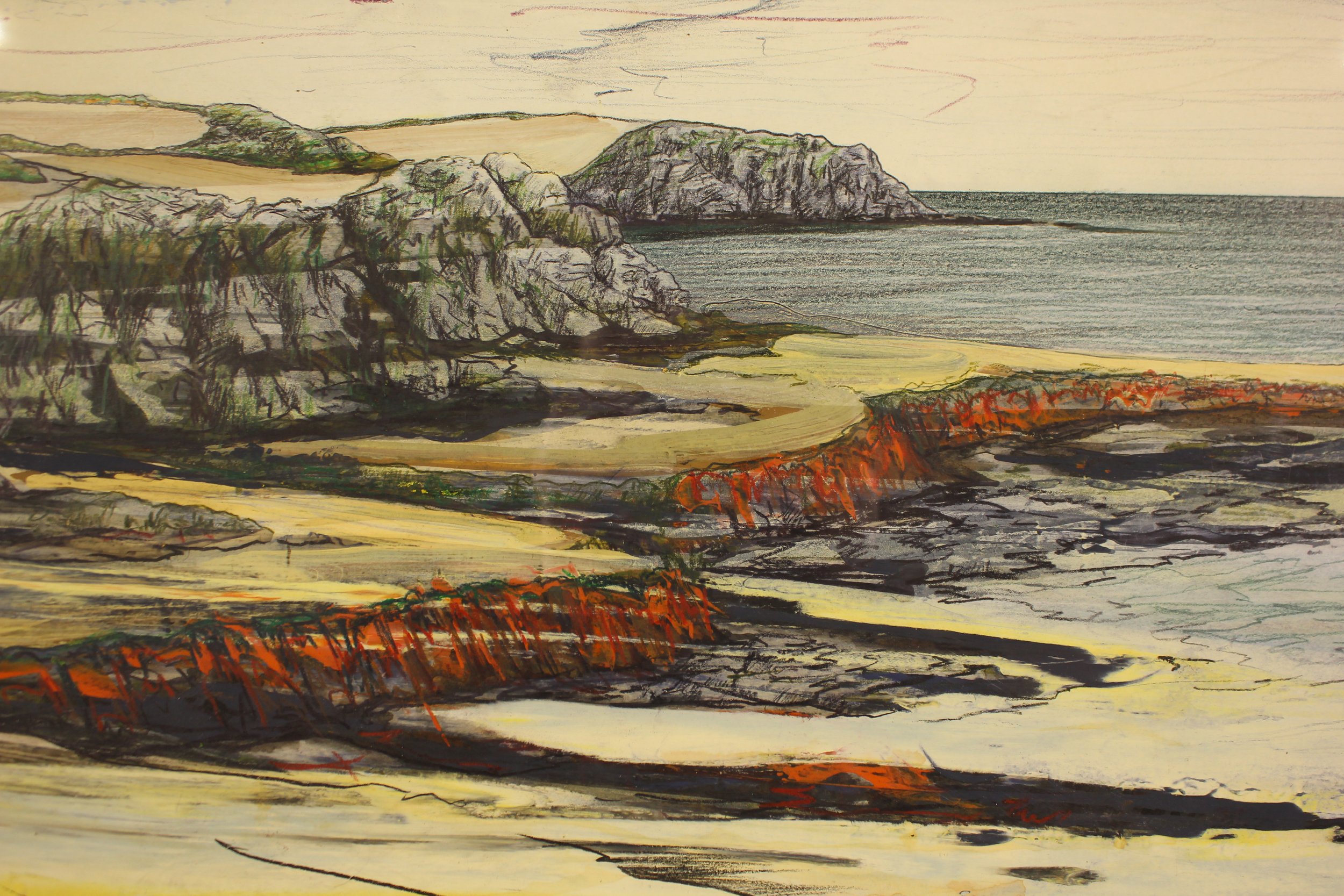 An abstracted drawing of the view eastwards from Prawle Point in Devon.  Chalky Farrow & Ball paint and ink has been dragged across the surface. Into this, expressive drawing of rocks and headlands has been overlaid with watercolour pencil.