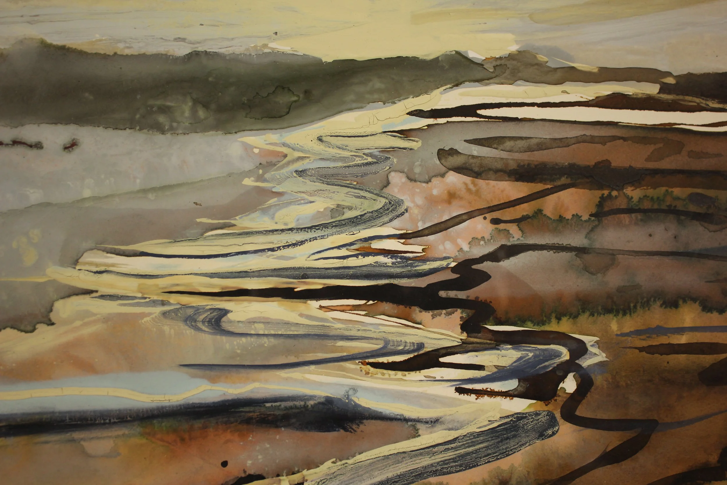An abstracted ink painting that suggests waves depositing into to the beach. Paint and ink has been poured, seeped and dripped onto the surface in a calligraphic style with earth tones, frothy lemon whites and deeper slate grey tones.