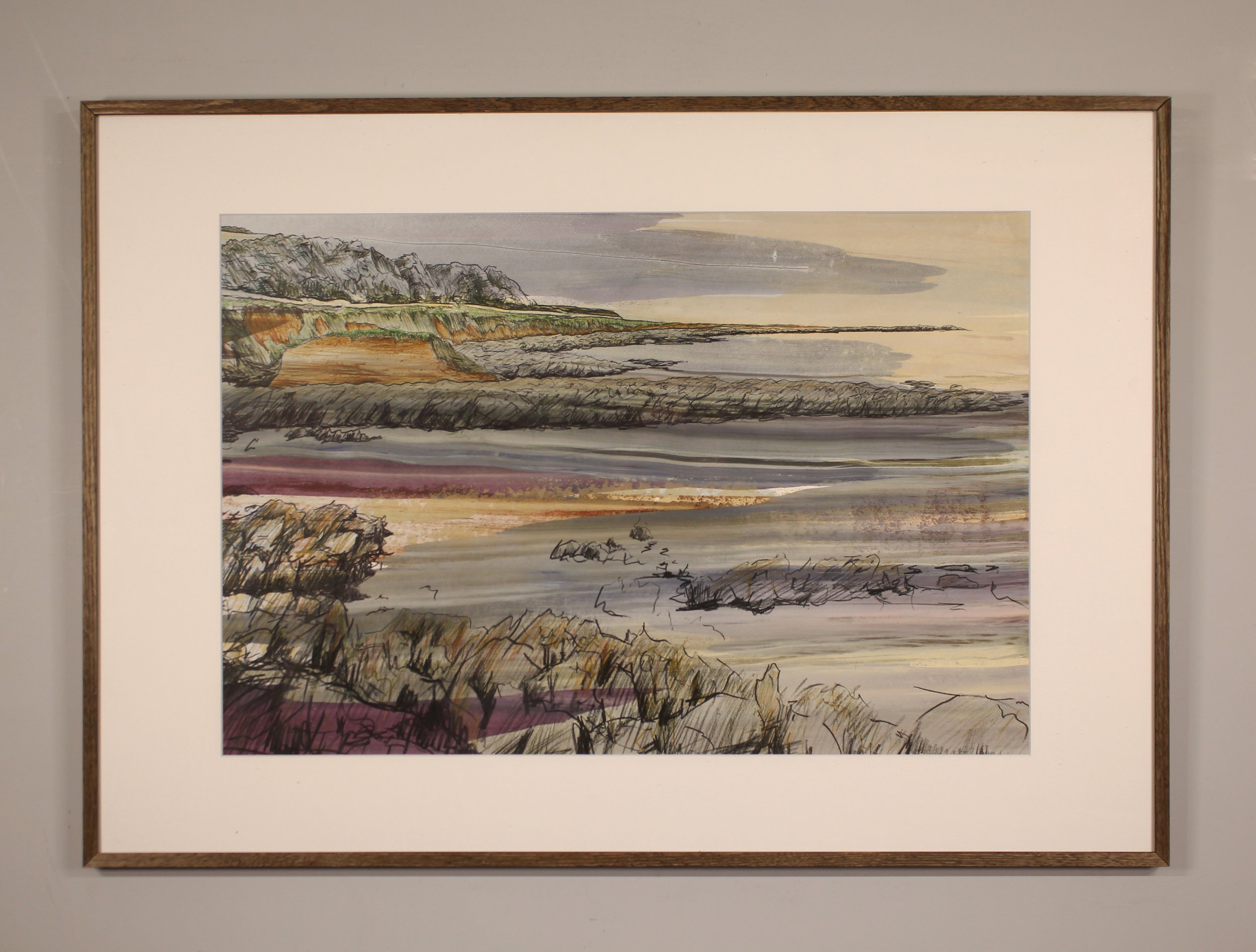 An abstracted drawing of the view eastwards from Prawle Point in Devon.  Chalky Farrow & Ball paint and ink has been dragged across the surface. Into this, expressive drawing of rocks and headlands has been overlaid with watercolour pencil.