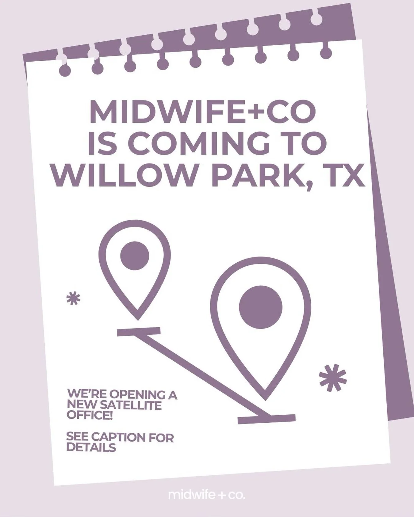 Big news 🤍

Midwife+Co is growing, and we&rsquo;re so excited to announce that we&rsquo;ll soon be opening a new satellite office in Willow Park ✨

We&rsquo;ll officially begin seeing patients at the new location on July 13th as we continue expandin