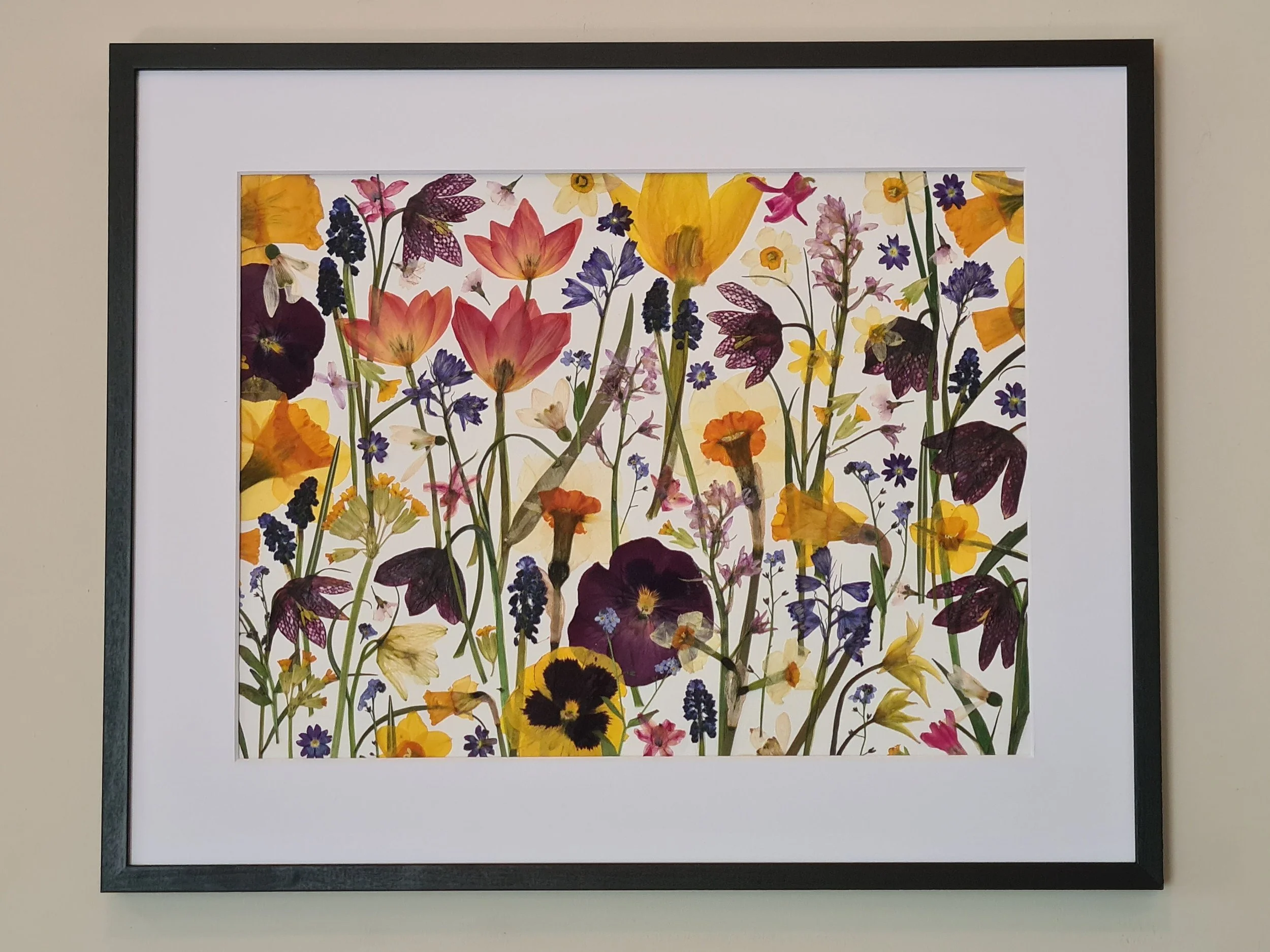 Framed artwork of pressed and dried flowers in purple, pink, yellow, and cream tones on a white background.