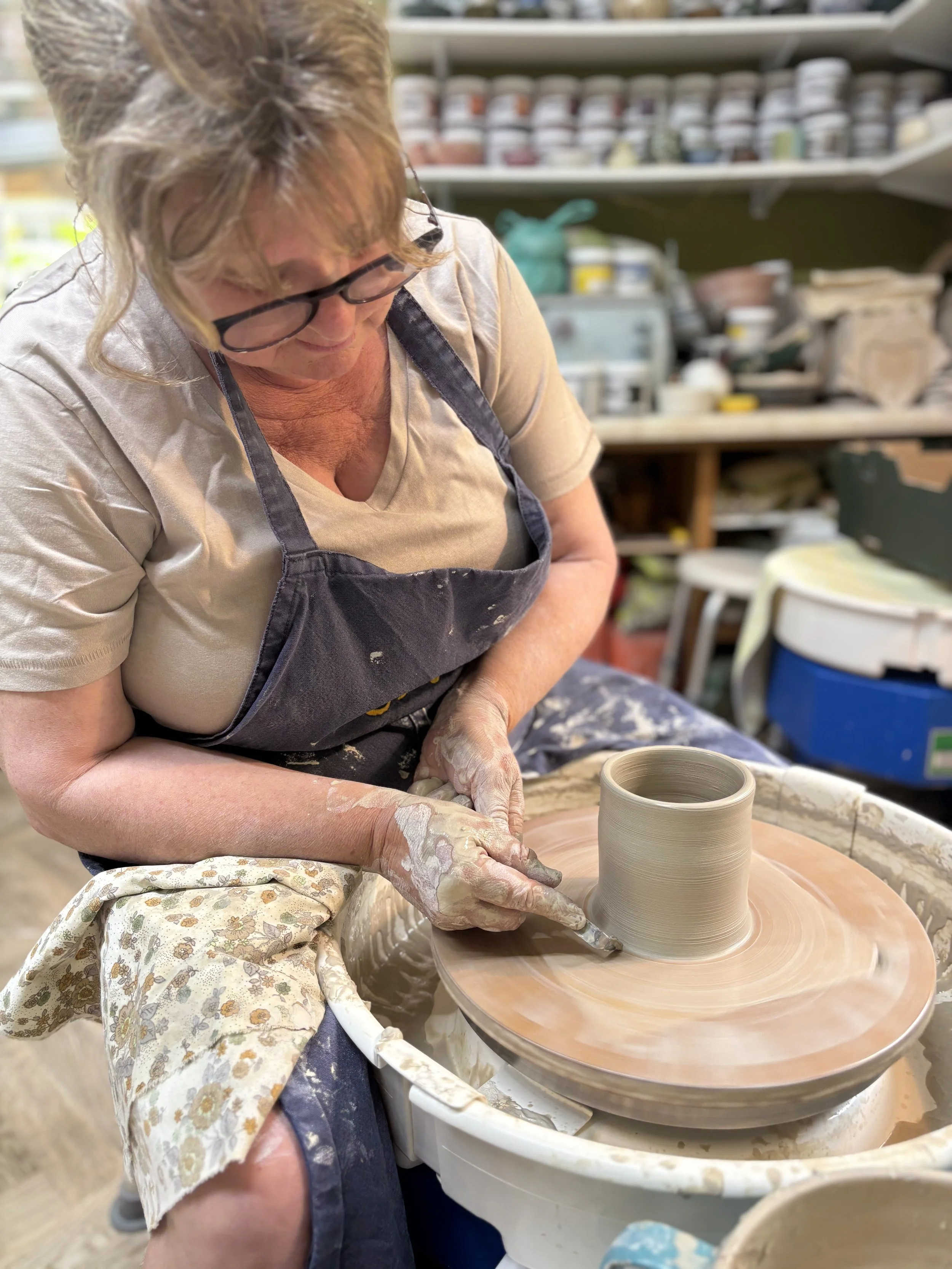   
 Sam has been throwing her first pieces at the start of her 'throw, turn & glaze experience'!  
 