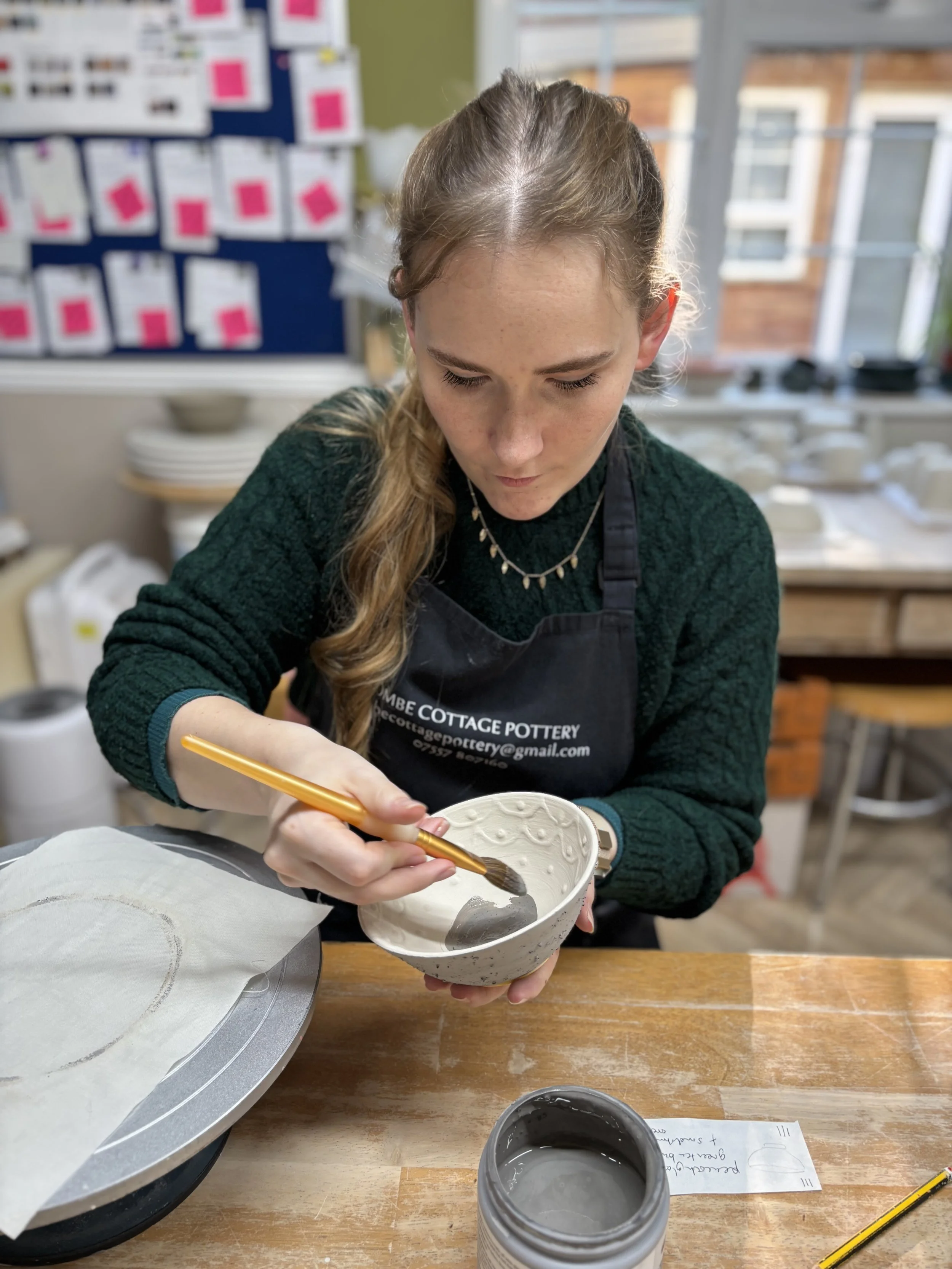   
 Mary has been glazing her pieces at the end of her 'throw, Turn & Glaze experience'! 
 
