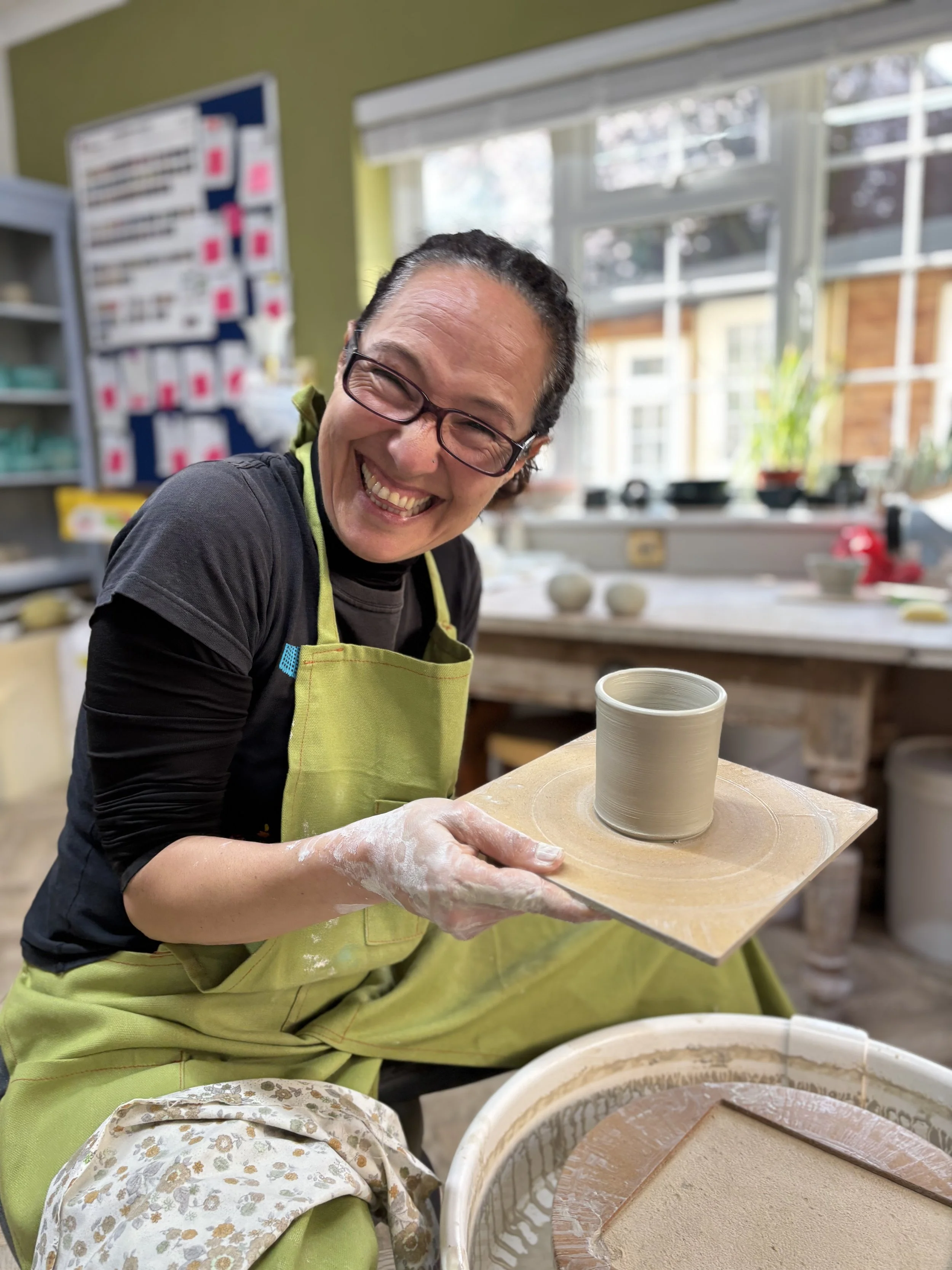   
 First time throwing for Miryam on her 'Throw, Turn & Glaze Experience'! 
 