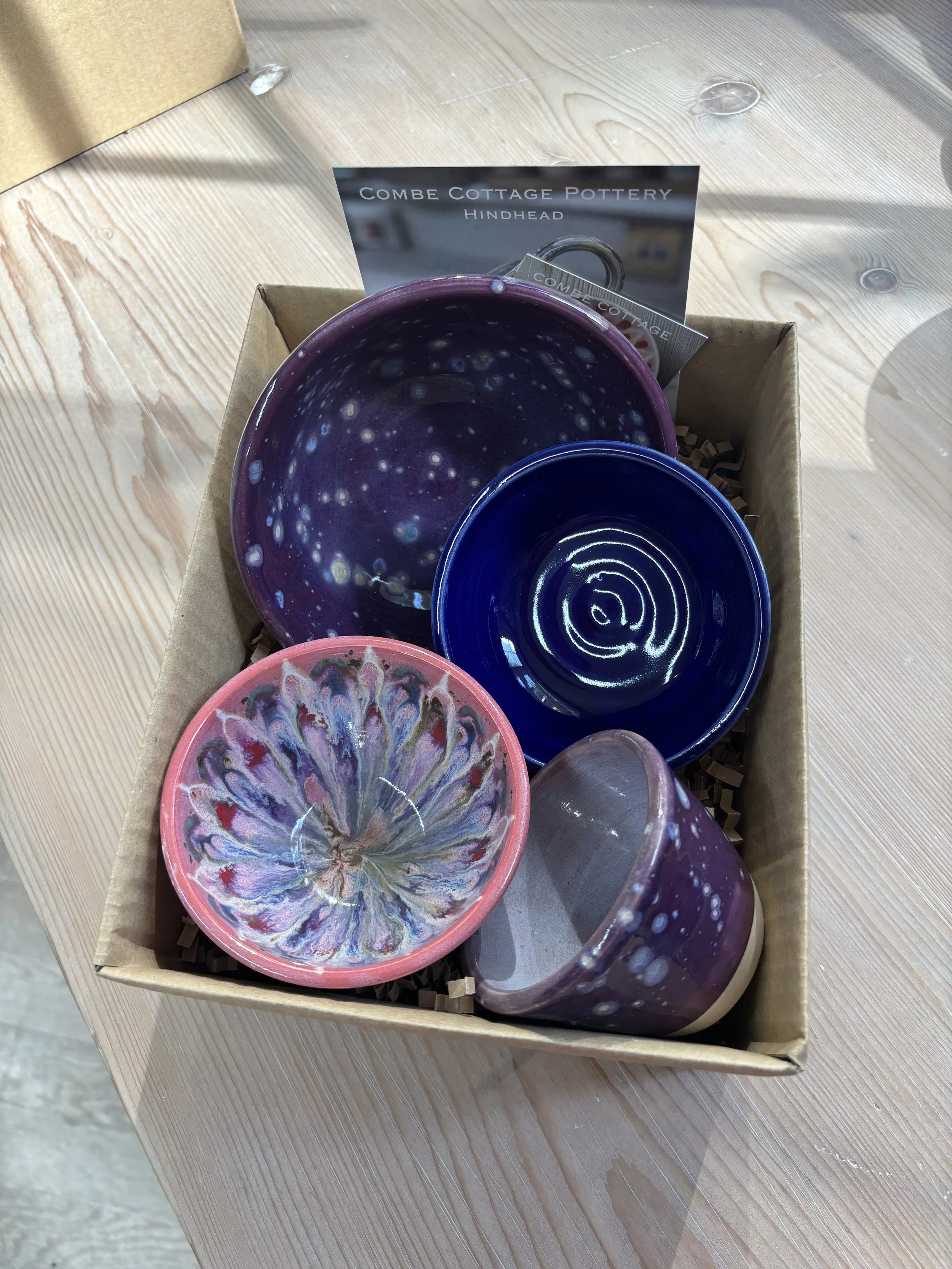   
 Joanne's fabulous pieces she glazed following her 'throwing experience'! 
 