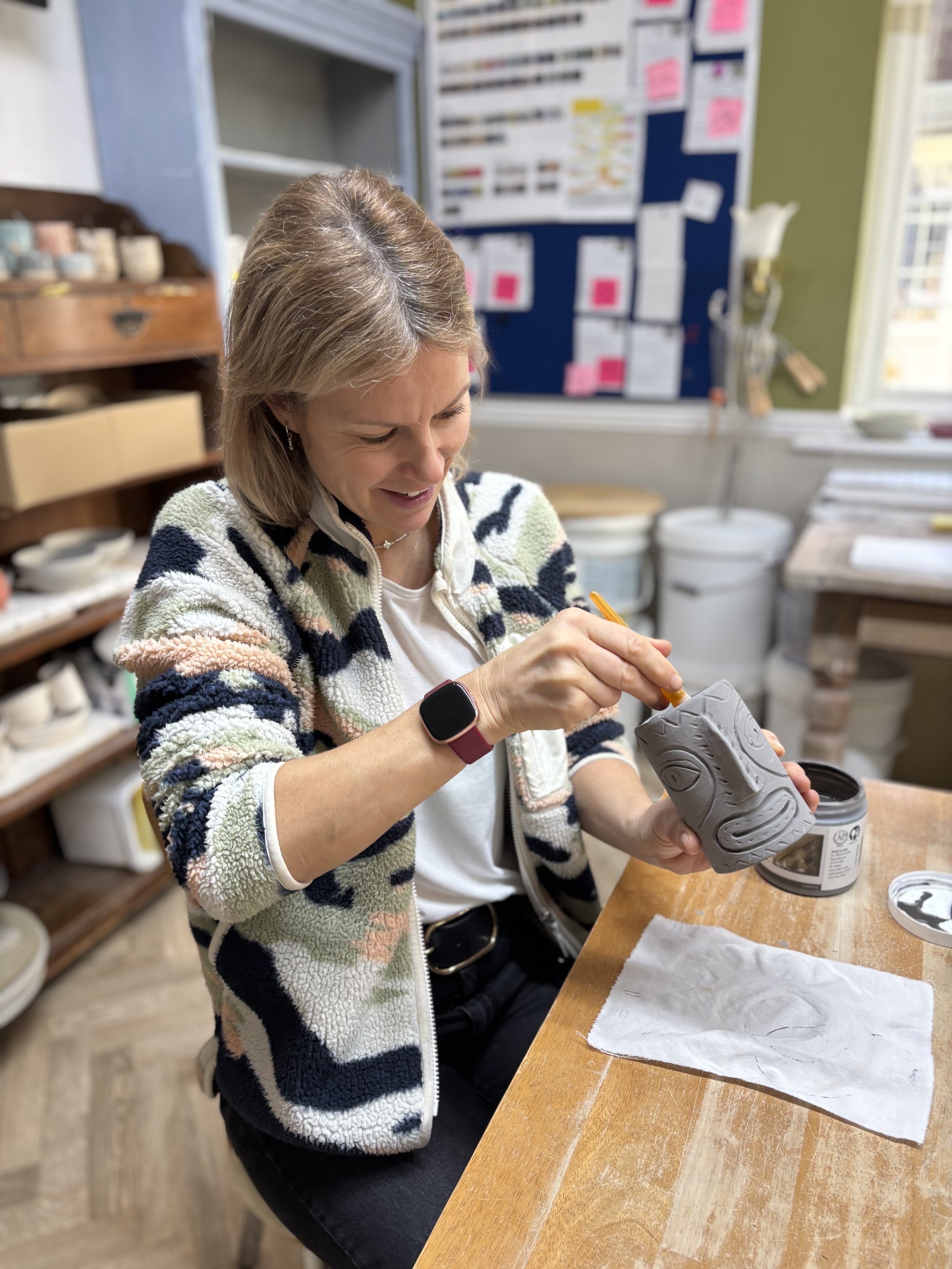   
 Megan has been glazing all her pieces at the end of her 5 week course!  
 