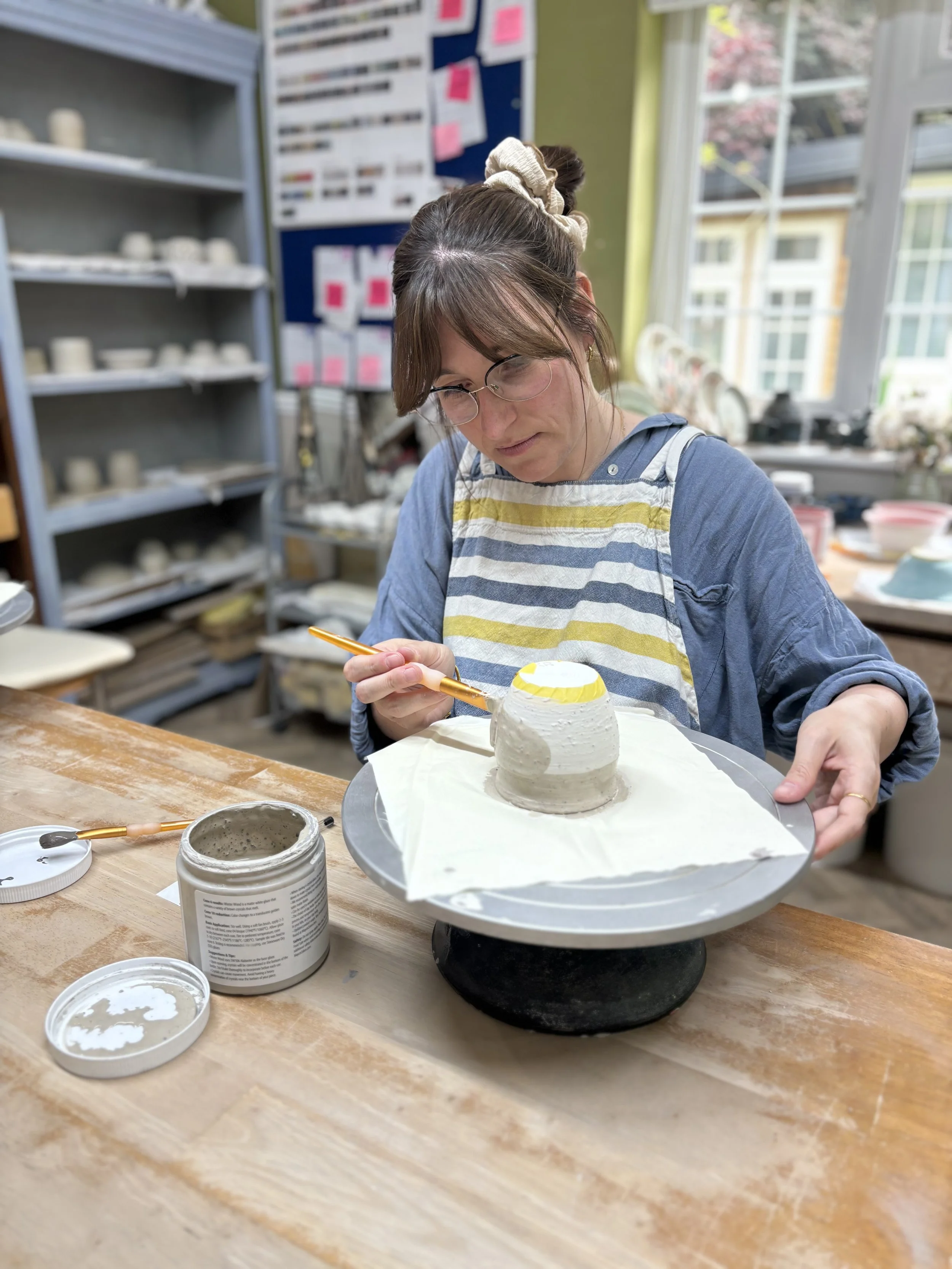   
 Glazing session for kate following up from her 'throwing experience'! 
 