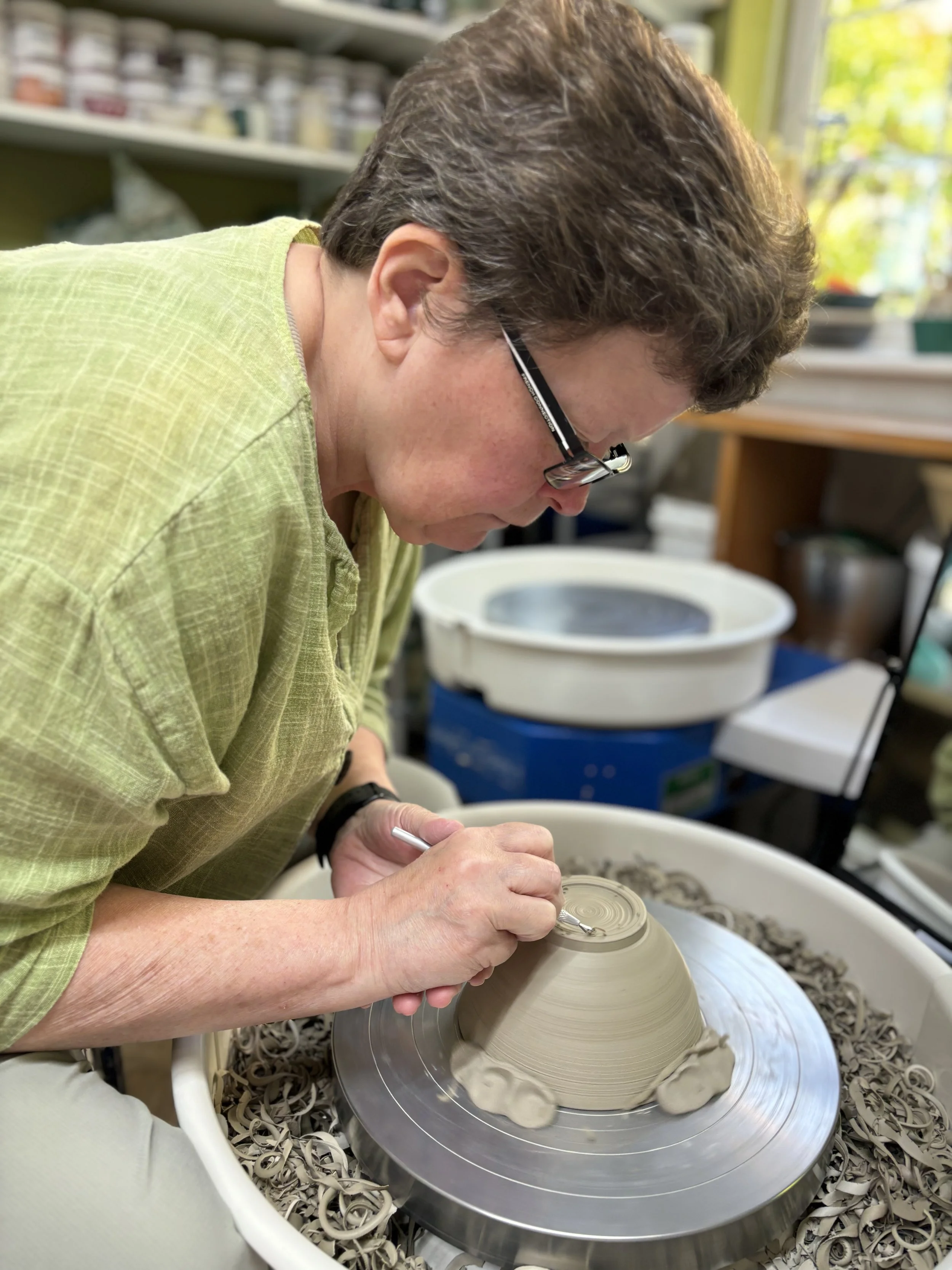   
 Bernie has been trimming her latest pieces & choosing her glazing for her final session! 
 