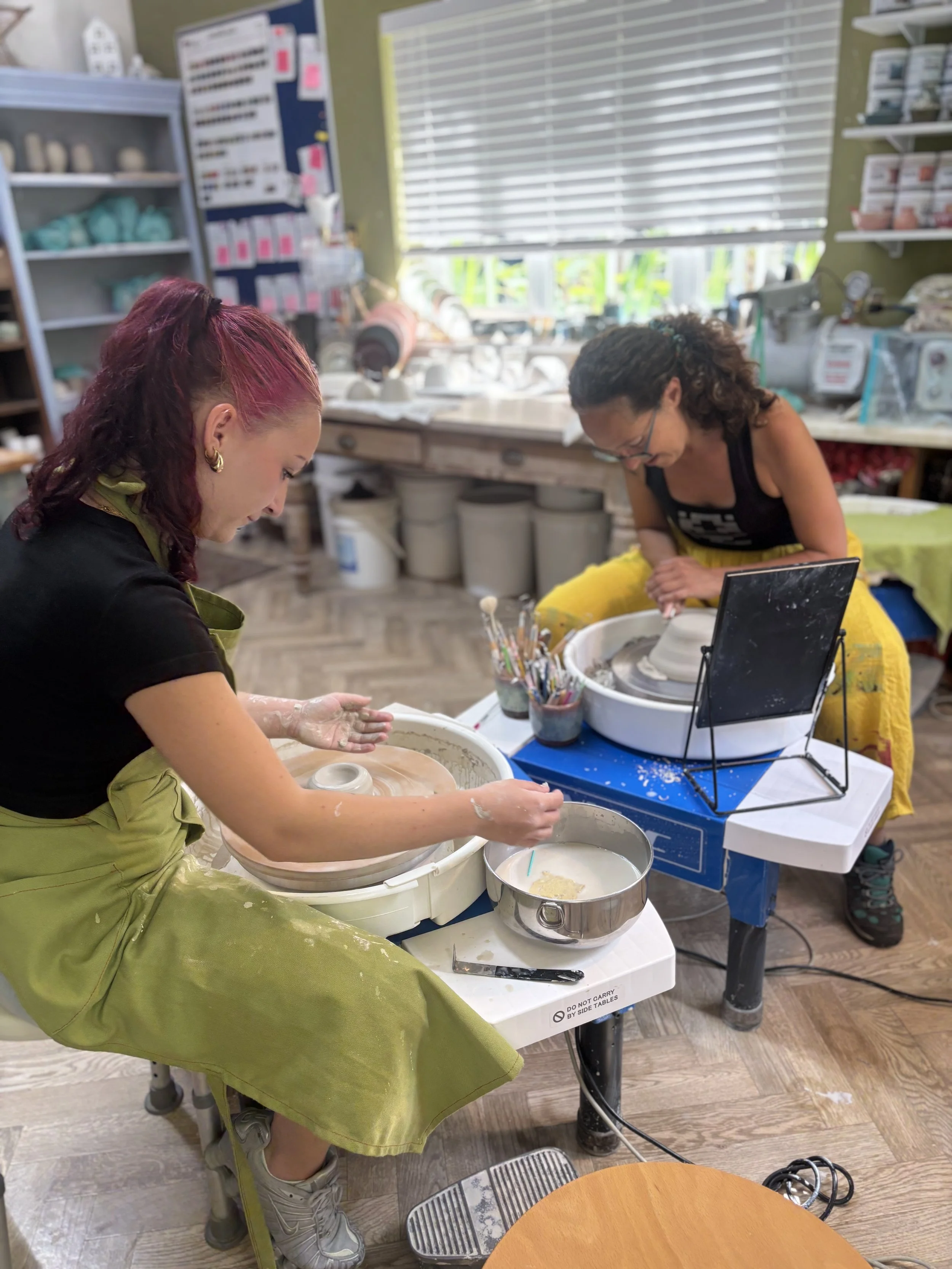   
 Lovely to have Celia who is visiting from Madrid. She joined her aunt Miryam & trimmed one of Miryam's bowls & then tried throwing for the first time - she did a super job! 
 
