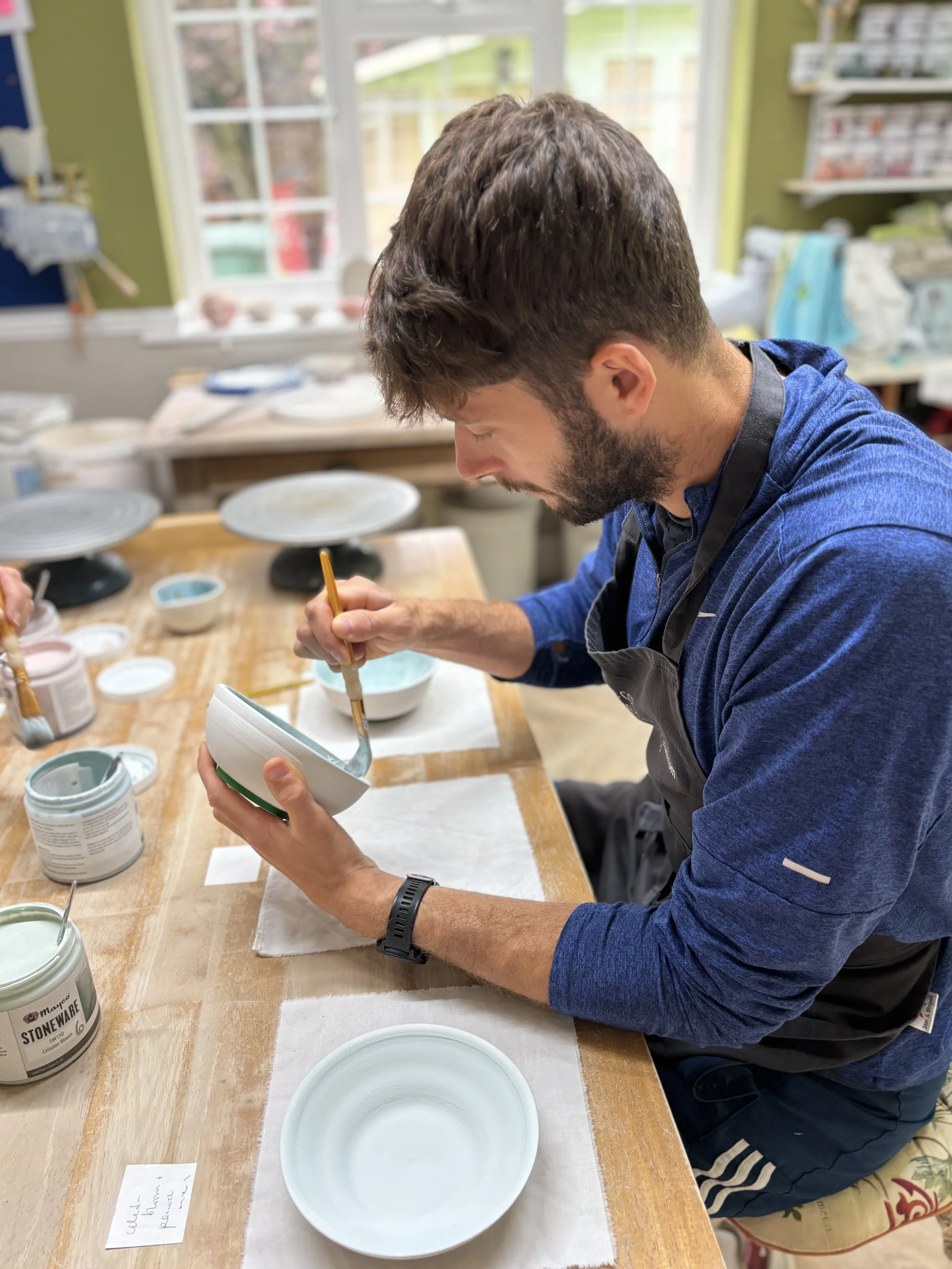 ... & James back in the pottery to glaze their pieces following their 'Throwing Experience'!