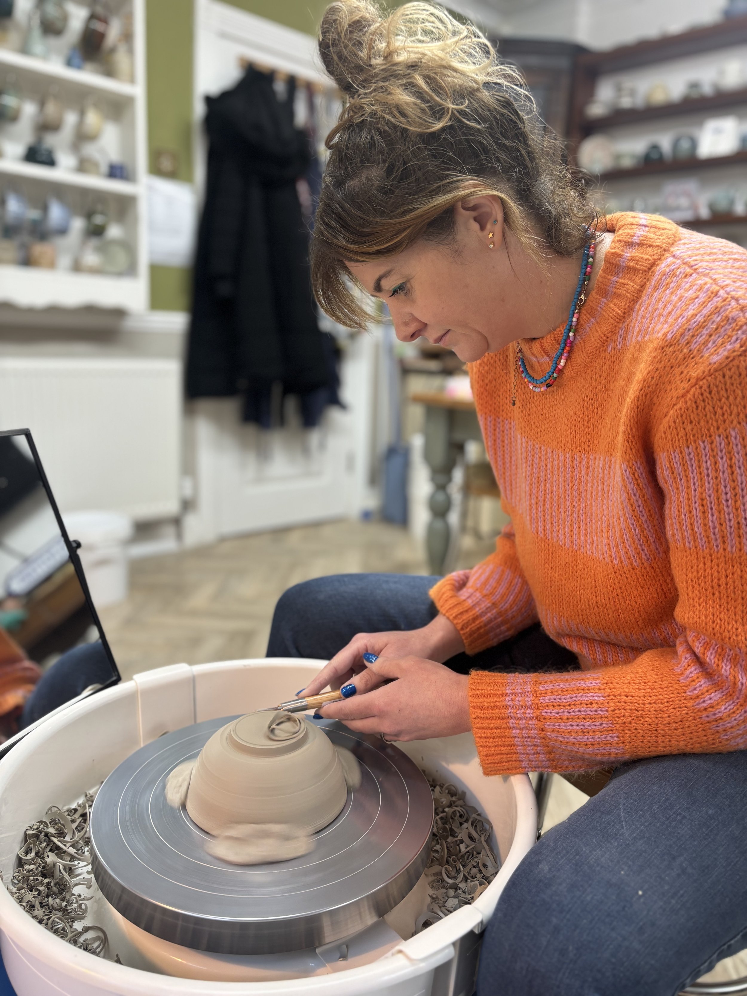   
 Emily has been trimming her pieces & choosing her glazes for her final session! 
 