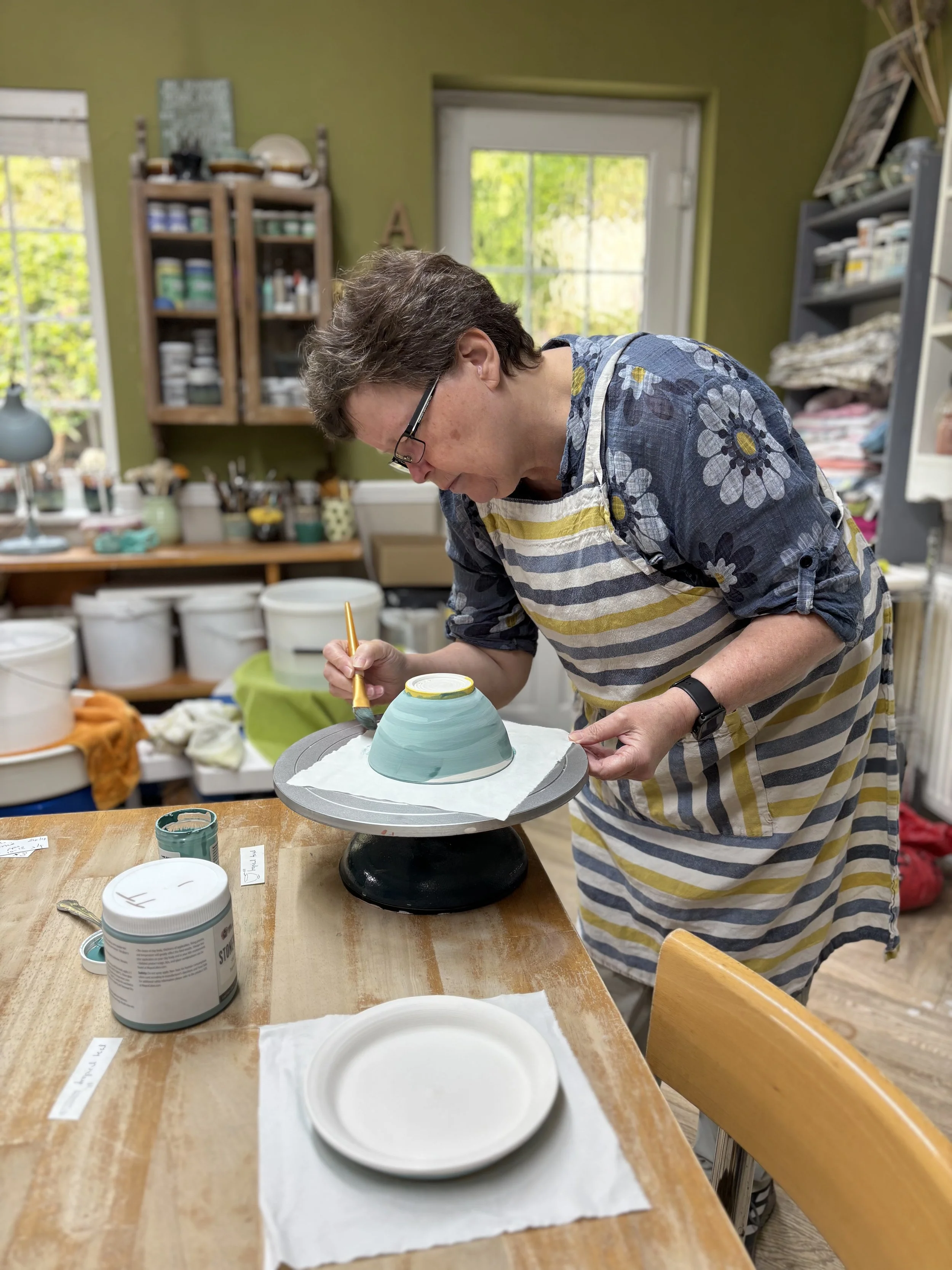   
 Bernie has been glazing all her pieces at the end of her 5 week course! 
 