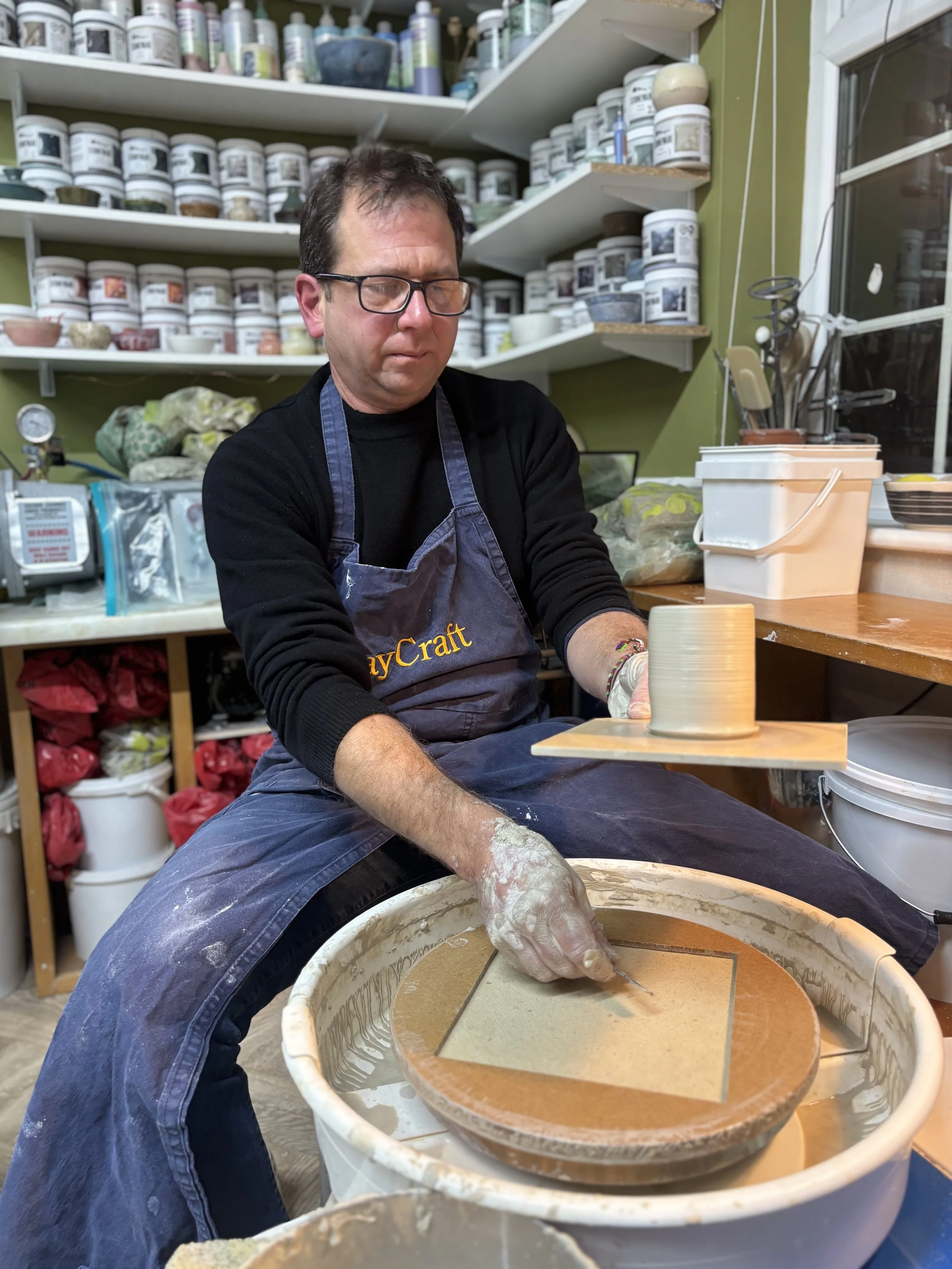   
 David at the start of his 'Throw, Turn & Glaze Experience' ... 
 