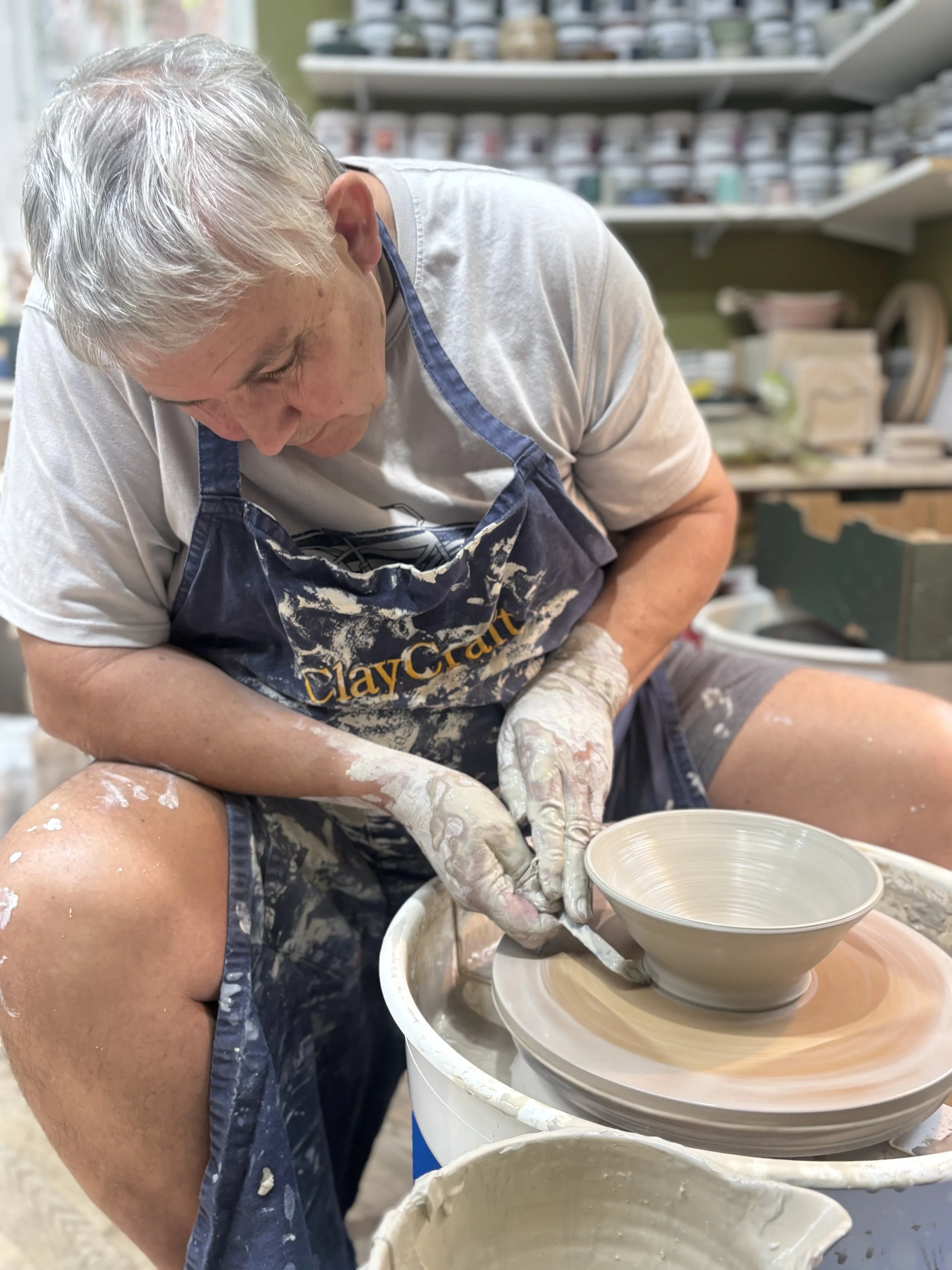   
 Cecil did a super job throwing at the start of his 'Throw, Turn & Glaze Experience' - a lovely gift from his partner! 
 