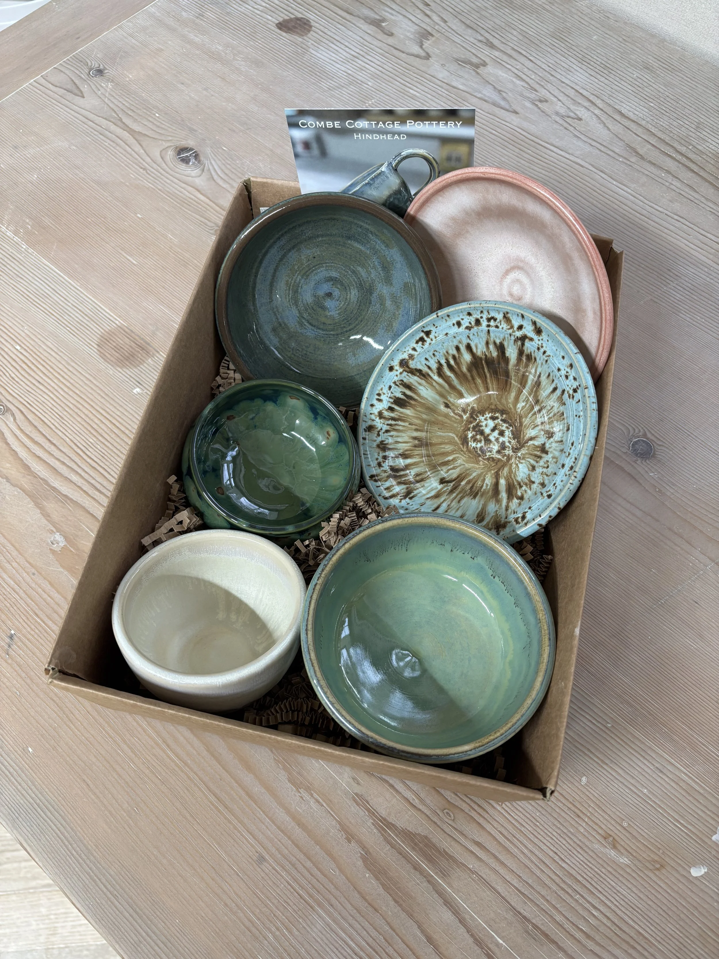   
 Mark & Jo's lovely pieces they returned to glaze following their 'throwing Experience'! 
 