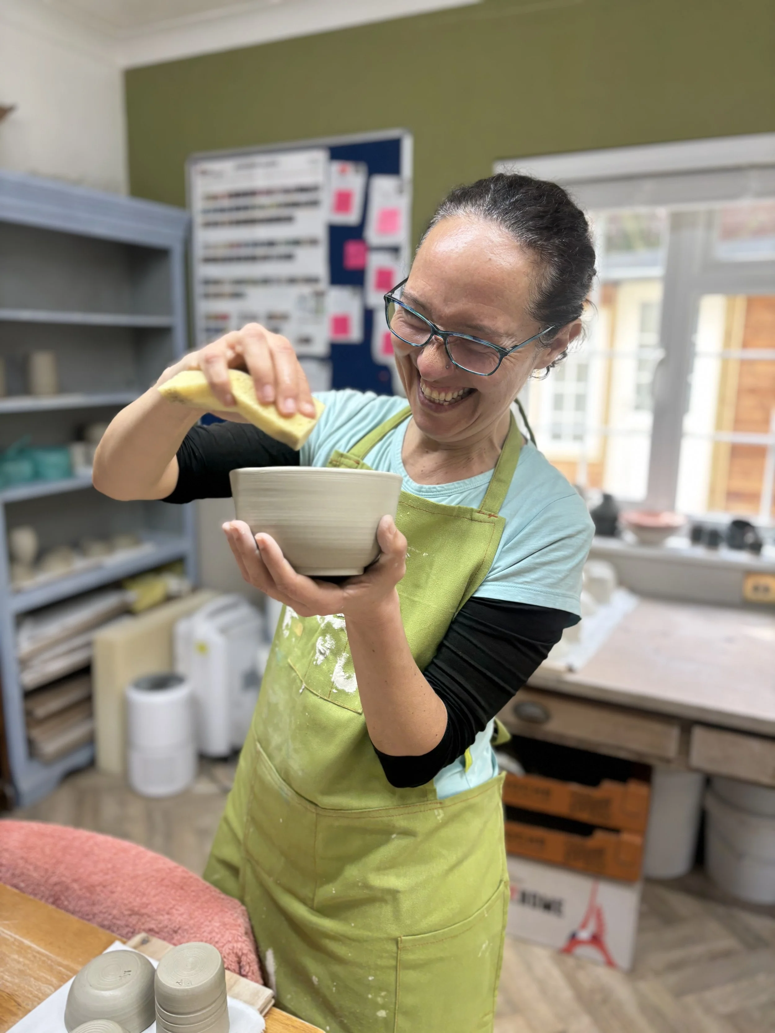  
 Miryam has been trimming her pieces & choosing her glazes ready for the final week of her 'Throw, Turn & Glaze' Experience! 
 