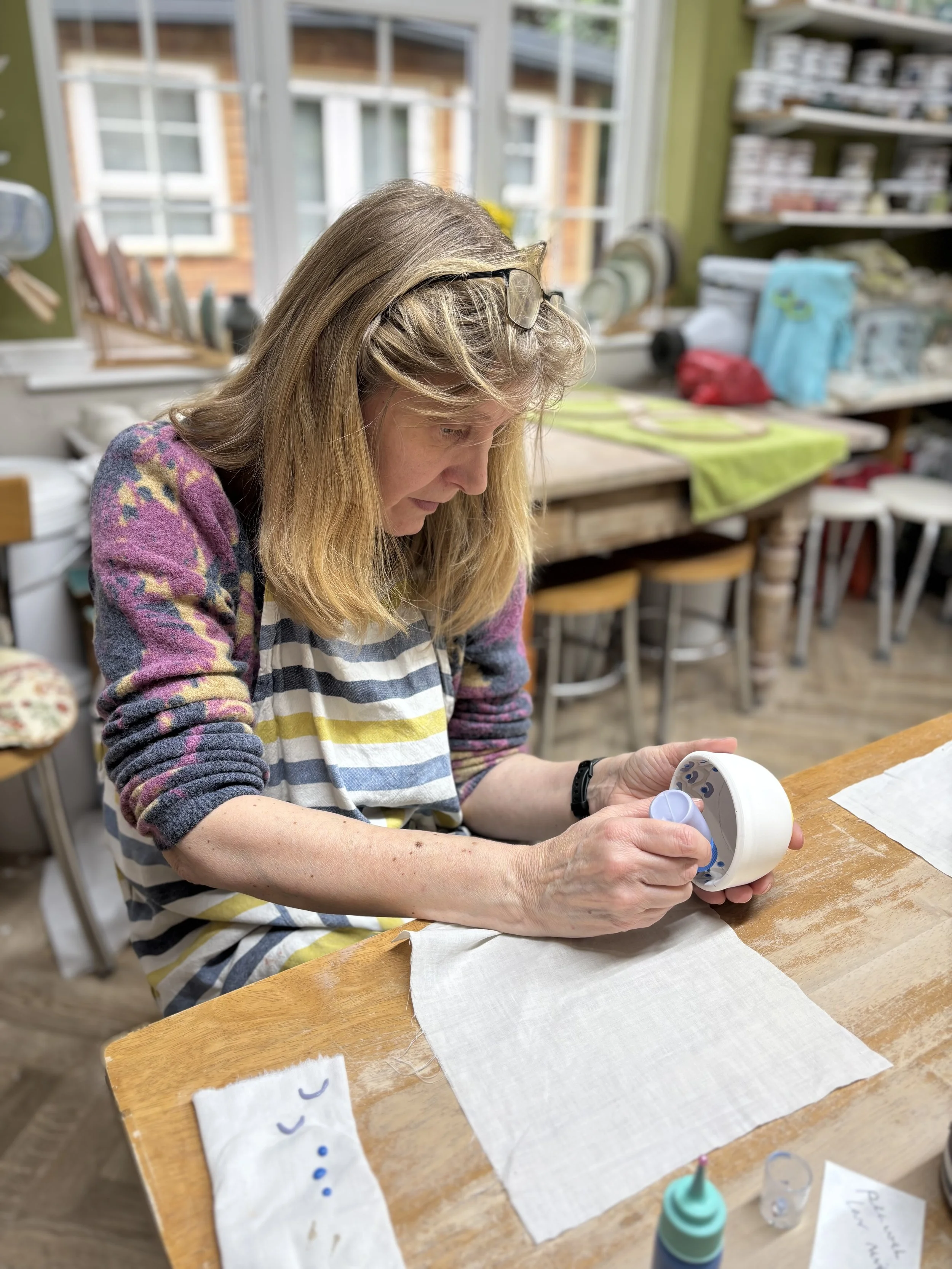   
 Lovely morning of glazing with Nicki following her 'throwing experience' with her sister Clare! 
 