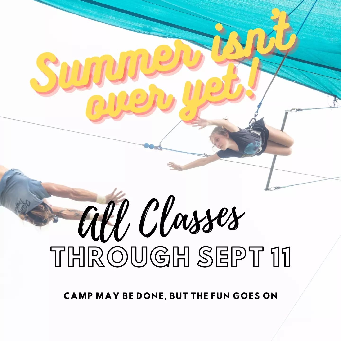 The summer fun continues on the #flyingtrapeze so bring the kiddos out for one last thrill before school begins! Just because camp is done doesn't mean the fun has to stop! We still have classes running and there's one spot left in our intensive flyi