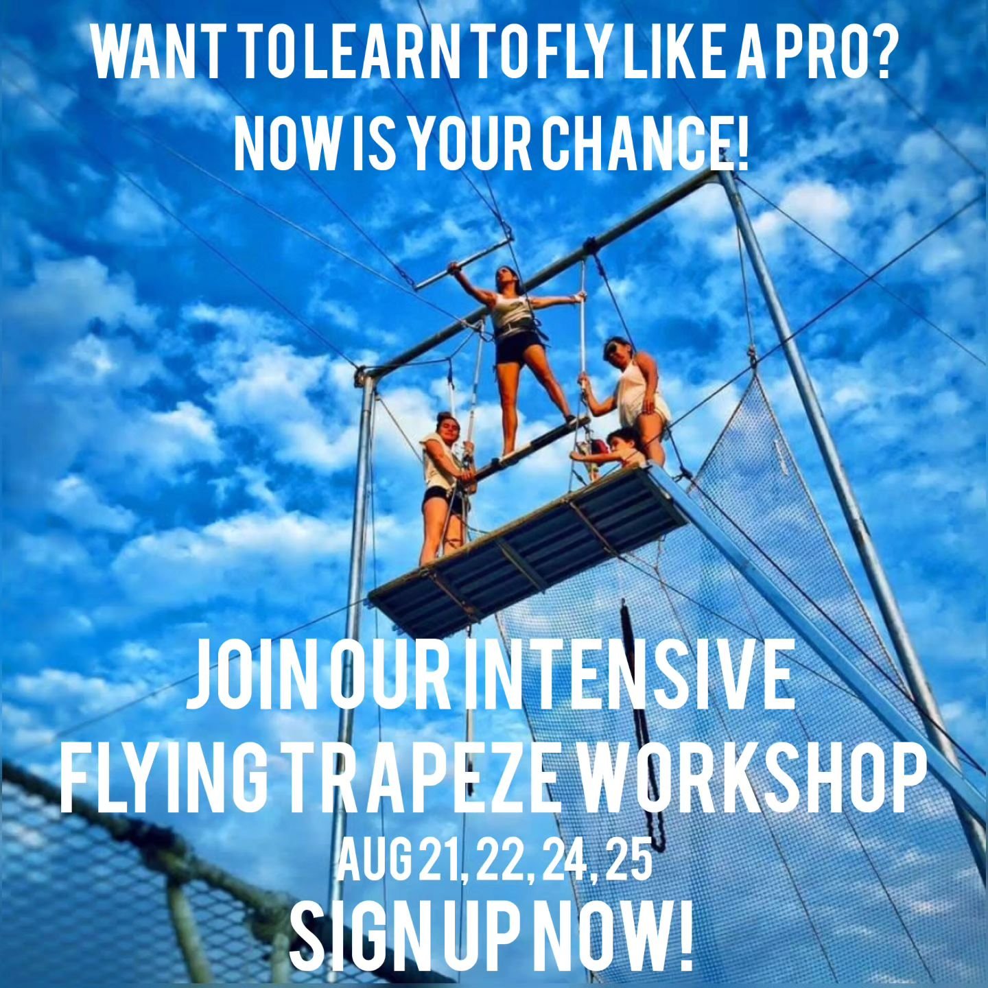 Sign ups are open for our August Flying Trapeze Intensive! Come learn to fly like a pro!

Four nights of intense flying with exclusive and detailed coaching.
 August 21st, 22nd, 24th, and 25th
  7pm - 9pm

Sign up by August 1st and get a free Hampton