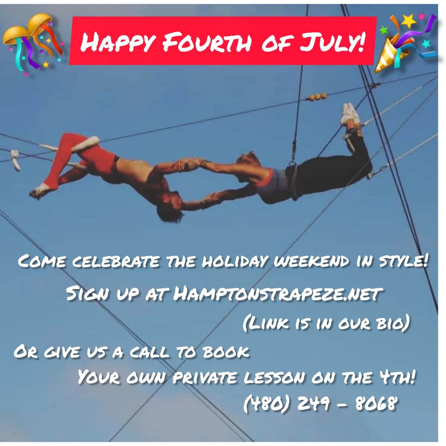 Fireworks aren't going to be the only thing in the sky this weekend!

Put on your star spangled tights and come fly with us! Open classes all weekend.

OR give us a call to book your very own private party on the 4th of July itself! (catering availab