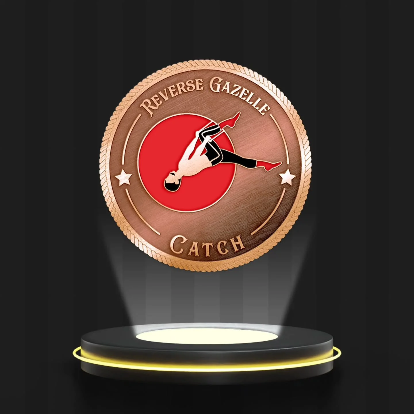 The last of our beginner awards is the Reverse Gazelle, also known as the Single Reverse Knee Hang! This trick has you catching a cutaway stick instead of the catcher's arms, and facing backwards while you do it 😲 

Master and catch this trick to ea