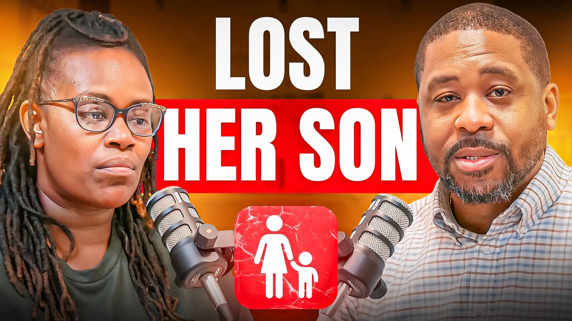 A woman with glasses and dreadlocks and a man with a beard talking into microphones on a podcast or radio show. The background has the text 'Lost Her Son' in large white and red letters, and a red icon of a woman and child underneath.