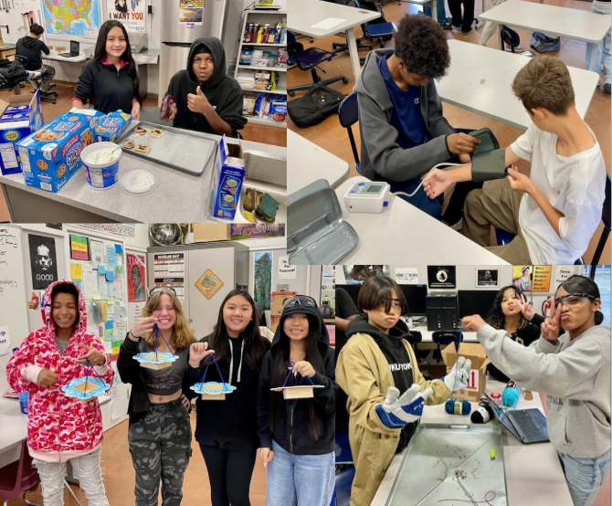Students eating, cooking and checking blood pressure