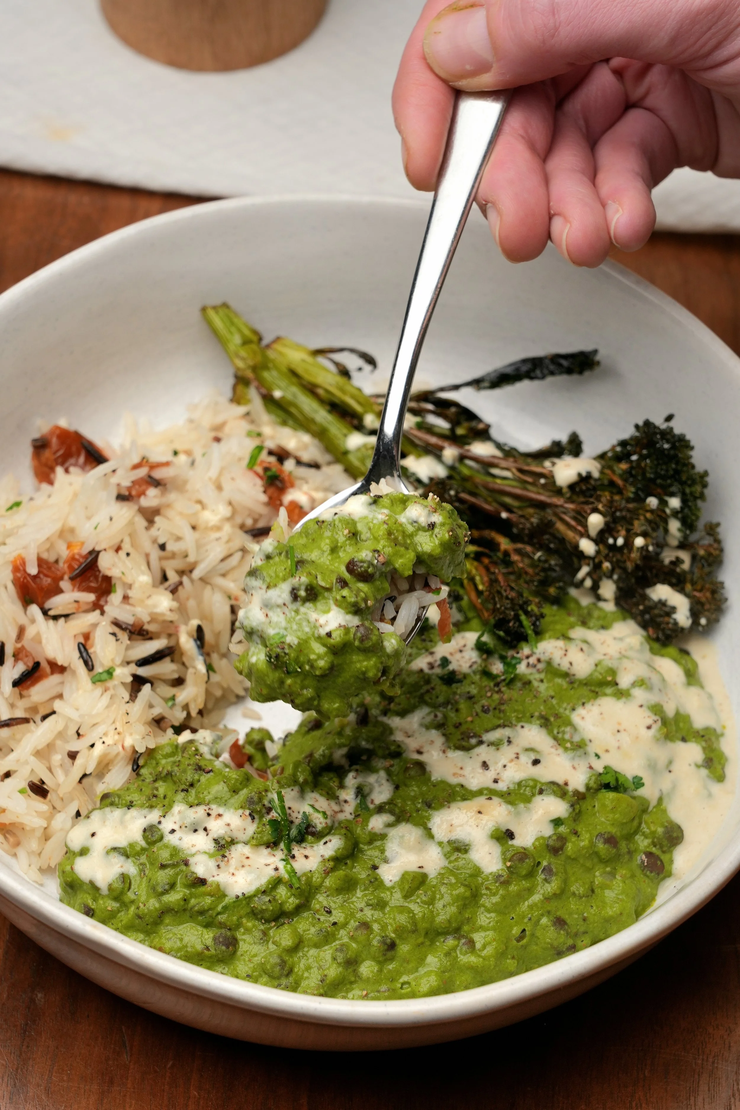 super green spinach high protein creamy vegan plant based puy lentils high protein vegan gluten free tahini sauce image with rice and broccoli