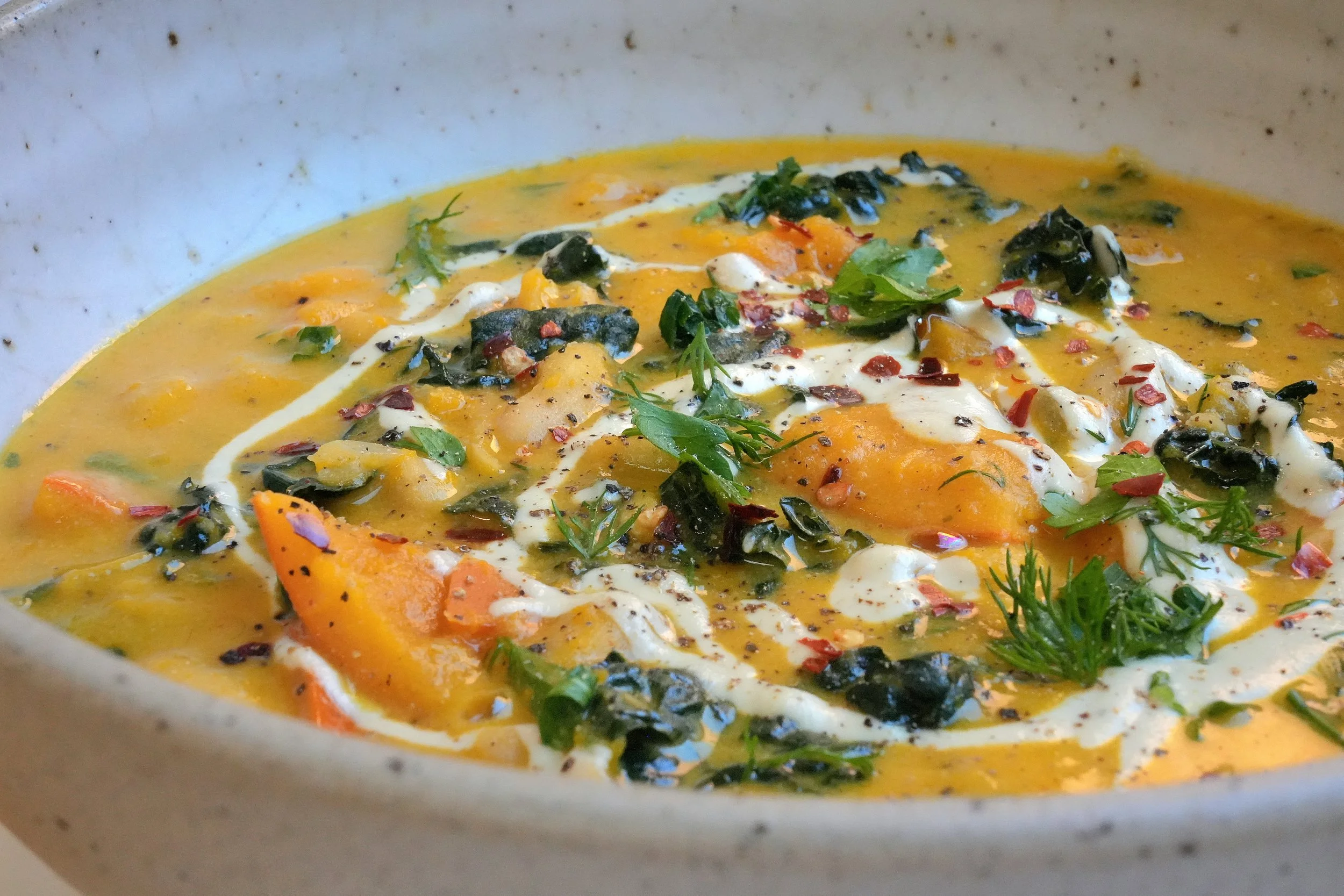 Kuri Squash, White Bean &amp; Cavolo Nero Soup with a Cashew Cream (vegan)