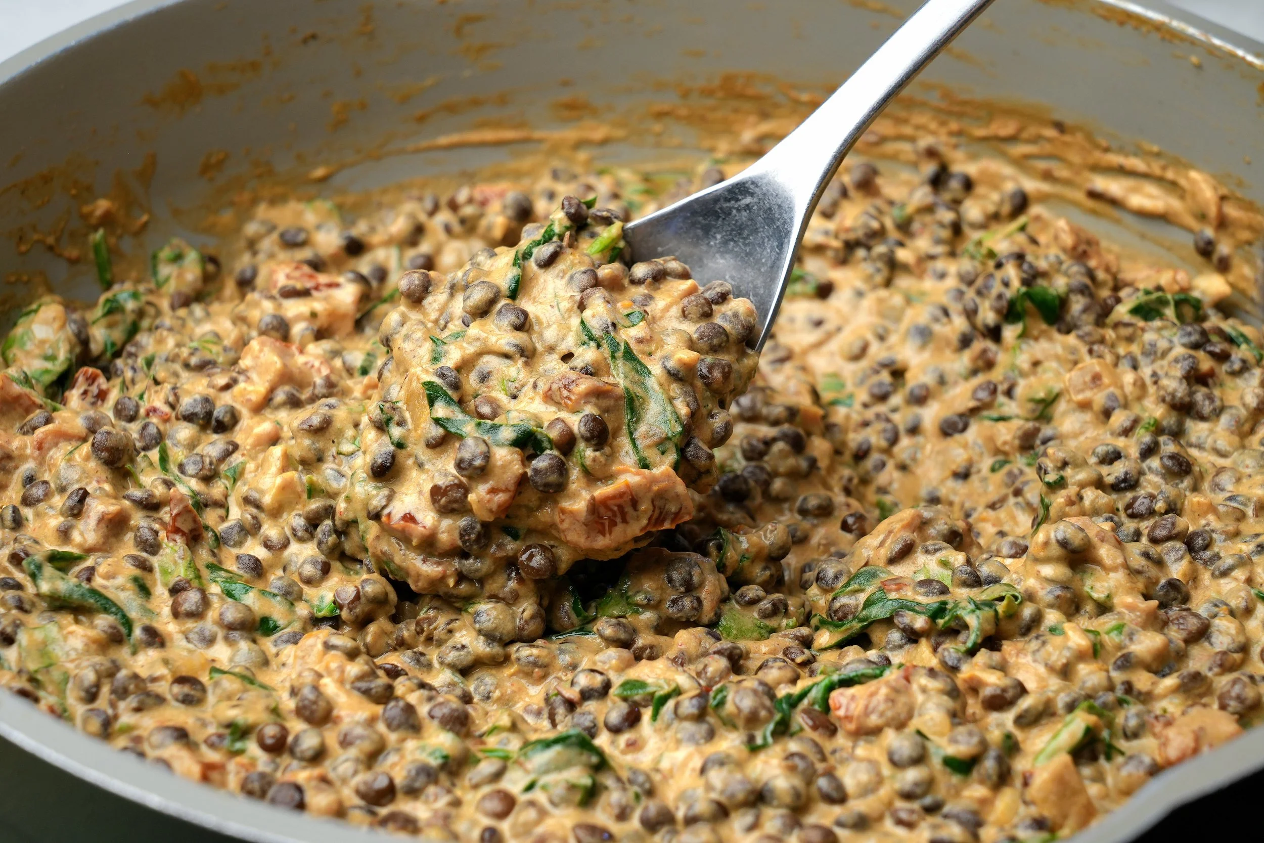 Image of marry me puy lentils with sundried tomatoes and spinach high protein high fibre vegan plant based batch cook meal prep friendly