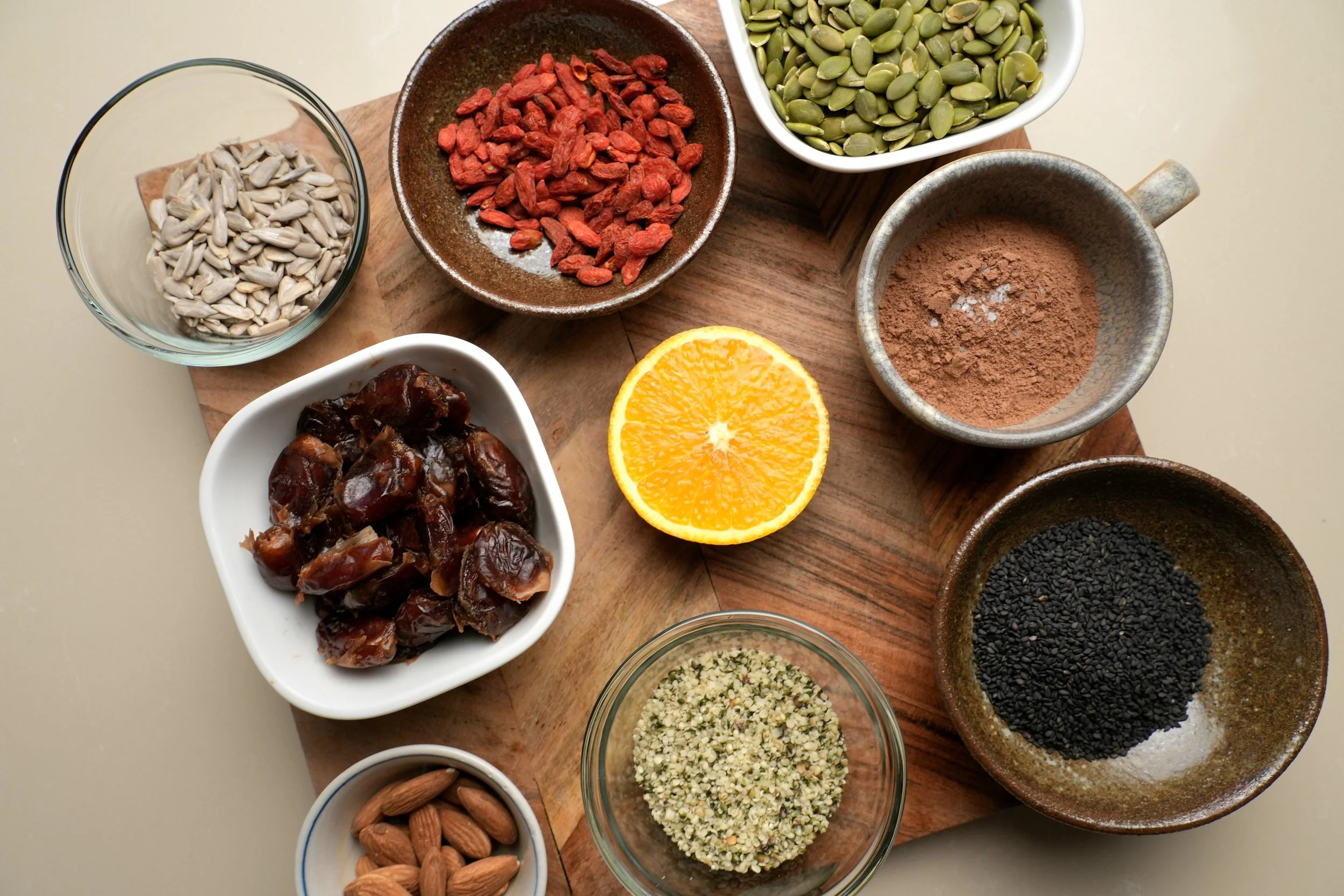 image of high iron chocolate orange vegan bliss balls ingredients