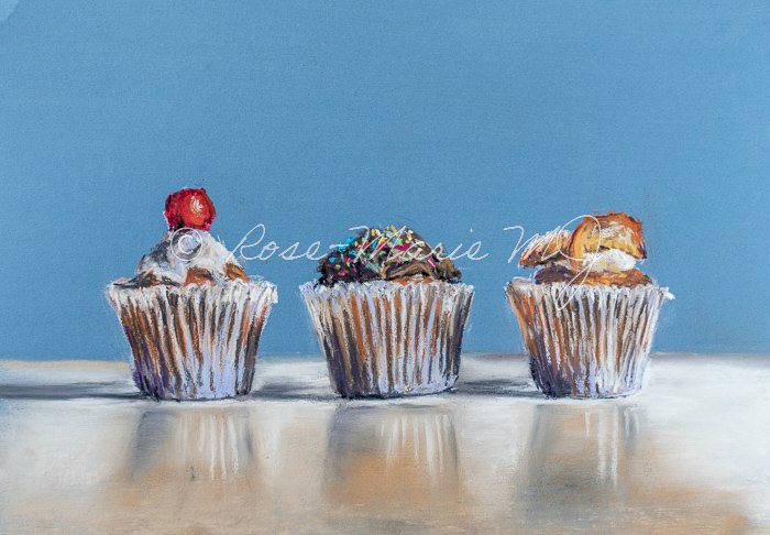 Three Little Bakers Cakes and Pastries Food Still Life Fine Art Giclee Print by Rose-Marie MJ Gloucestershire and Cotswolds Pastel and Pencil Artist