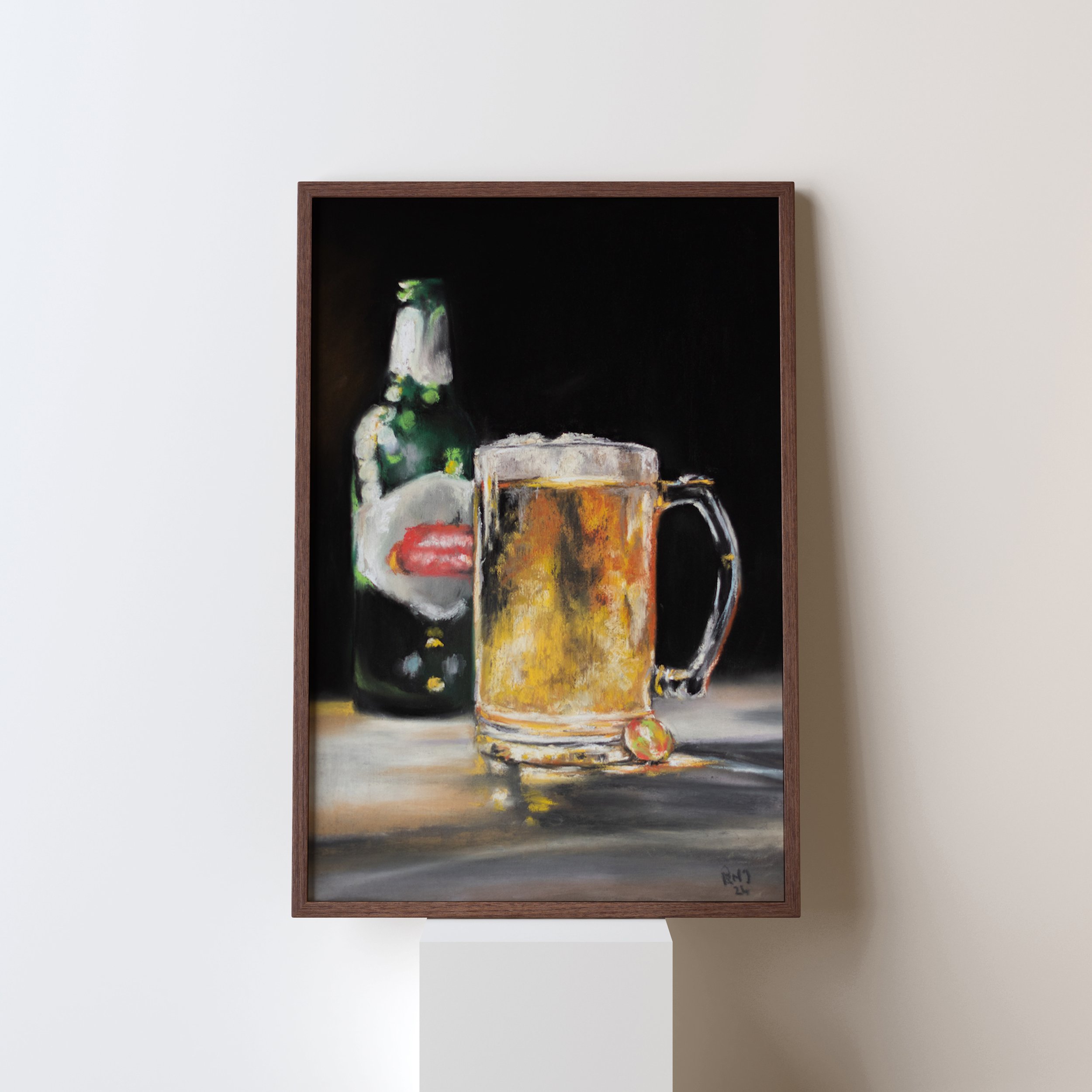 Light As Lager Still Life Beer Ale and Bottle Fine Art Giclee Print by Rose-Marie MJ Gloucestershire and Cotswolds Pastel and Pencil Artist