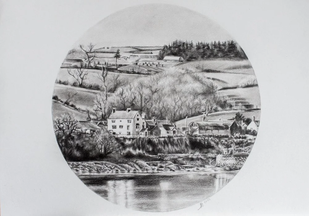 Purton, Gloucestershire - Tondo graphite on paper. Framed in an ice white black core mount, thin black frame and artless non reflective glass. - £145