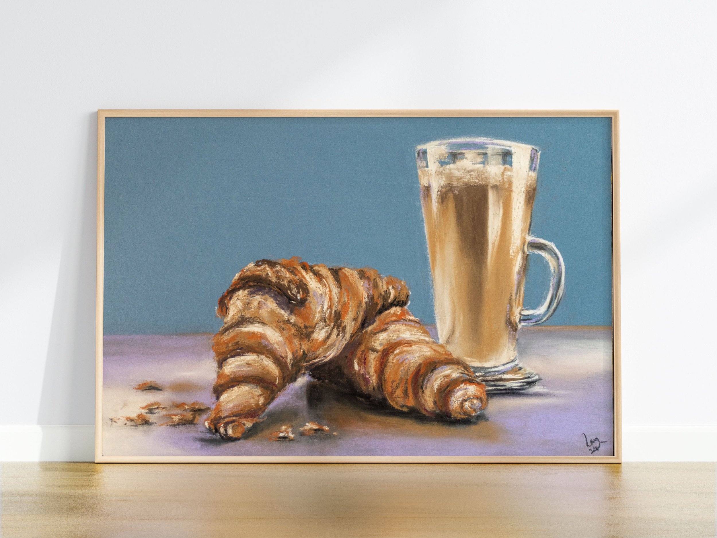 Morning Ritual Coffee Latte and Croissant Still Life Fine Art Giclee Print by Rose-Marie MJ Gloucestershire and Cotswolds Pastel and Pencil Artist