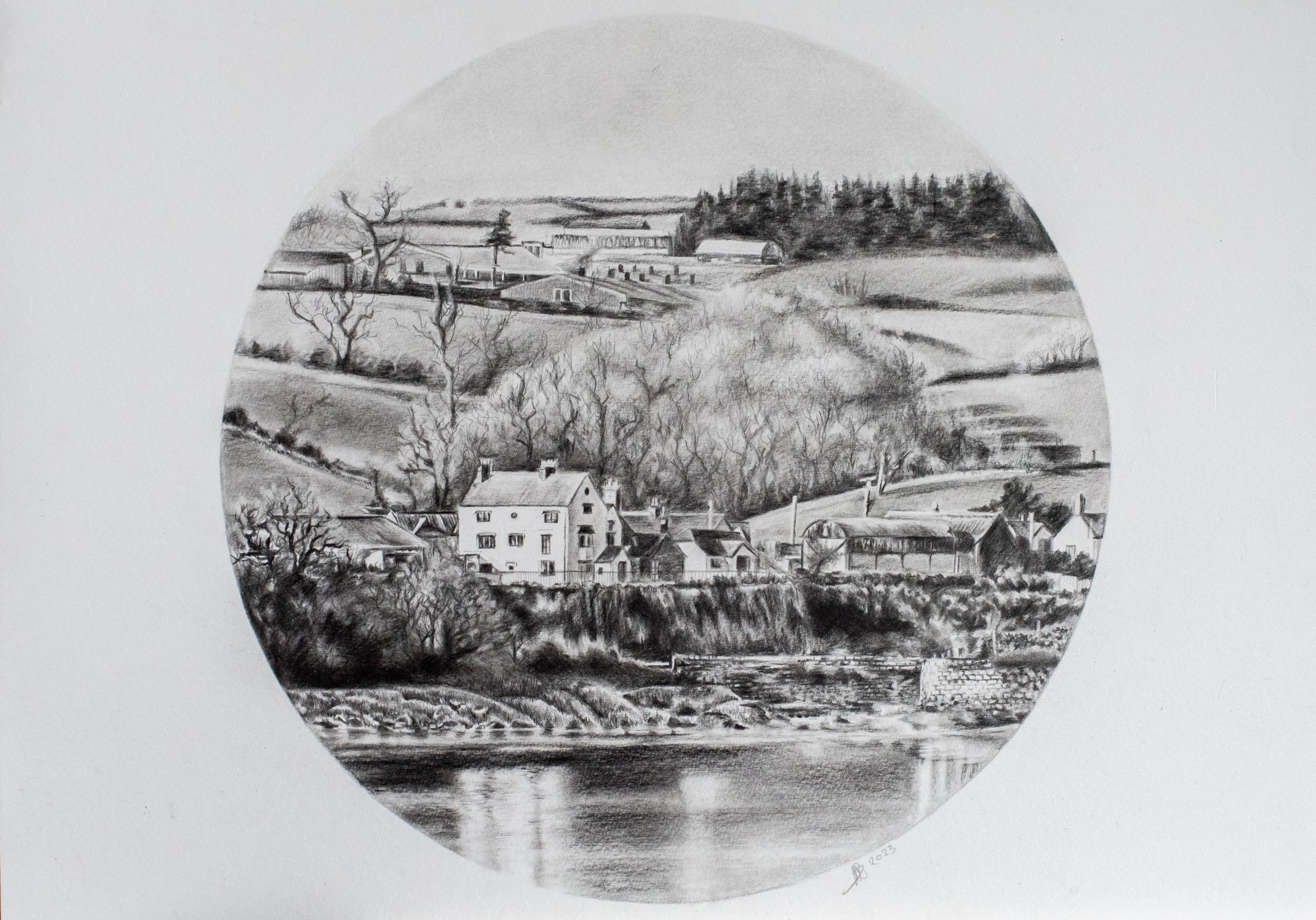 Purton From Purton Graphite and Charcoal Original Tondo Drawing Mounted and Framed by Rose-Marie MJ Gloucestershire and Cotswolds Pastel and Pencil Artist