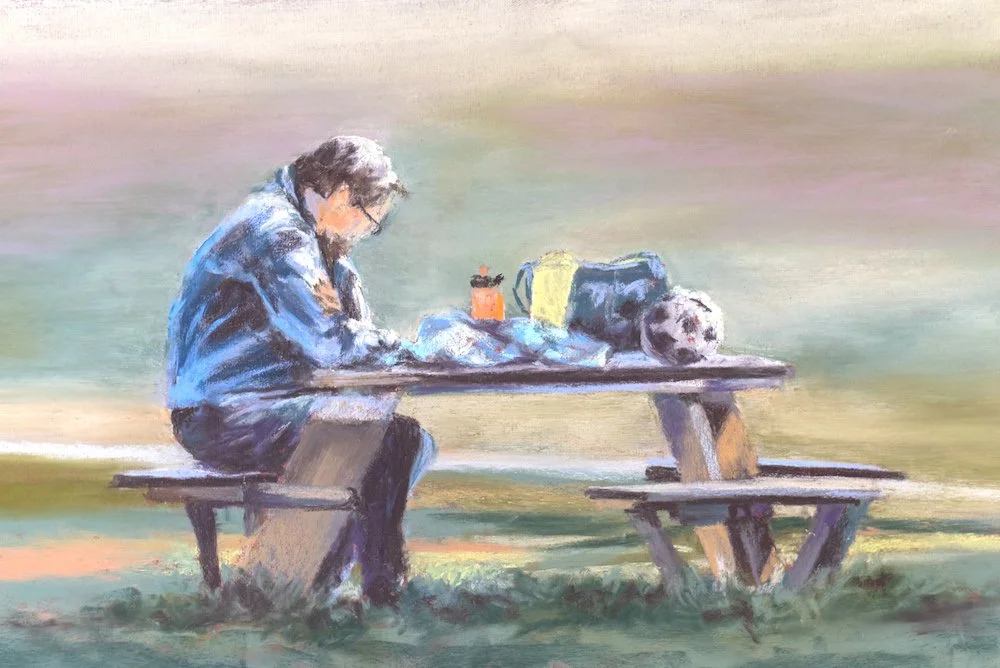 "Footy Ball Dad" - Pastel on paper