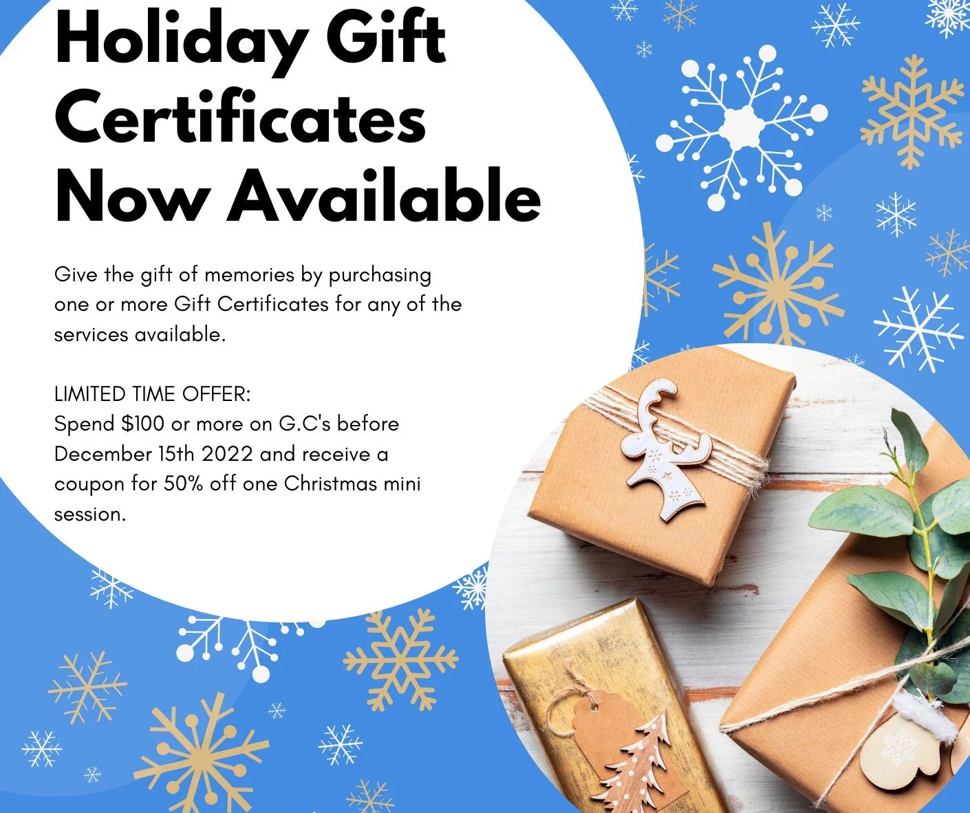 Holiday Gift Certificates are back! Give the gift of memories and for a limited time receive a coupon for 50% off one Christmas Mini session.