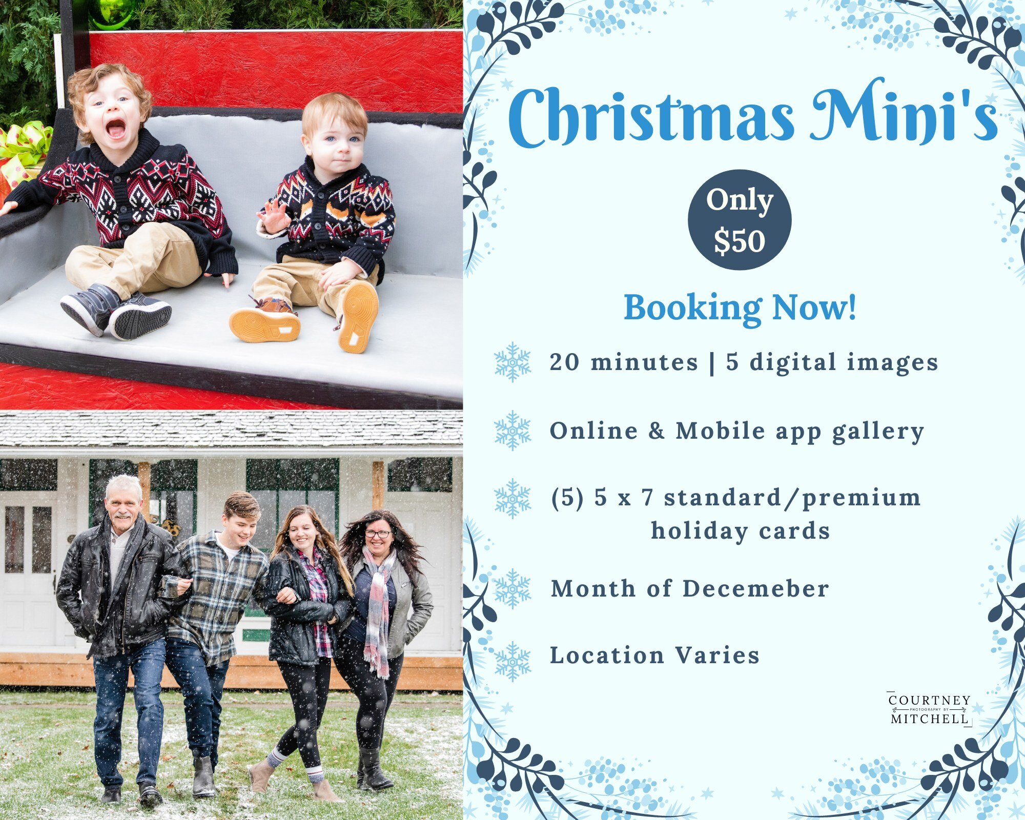 Now Booking!
Don't miss out on the chance to create the most wonderful memories of the year!! Showcase the forever love with family and friends with an unforgettable photo session to keep the memories alive. Each mini memory session includes 5 custom
