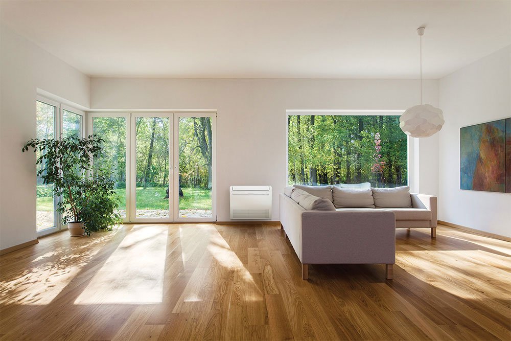 mitsubishi floor console heat pump in living room