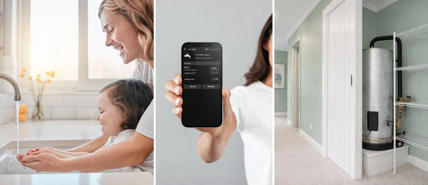 mother and daughter running hot water at home, hand holding hot water wifi app on phone, retrofit hot water cylinder