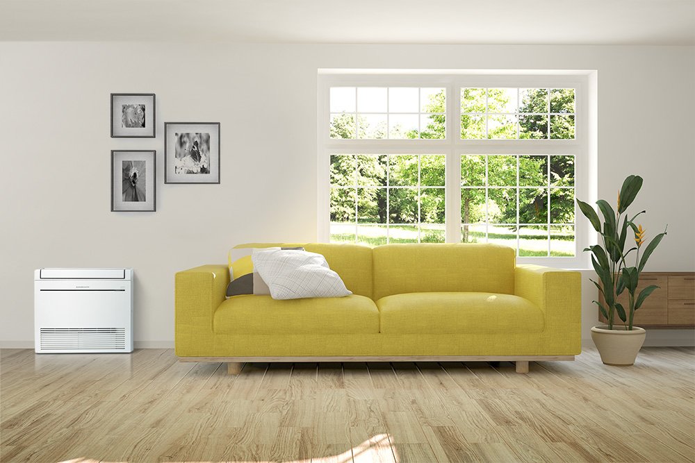 mitsubishi floor console heat pump in living room