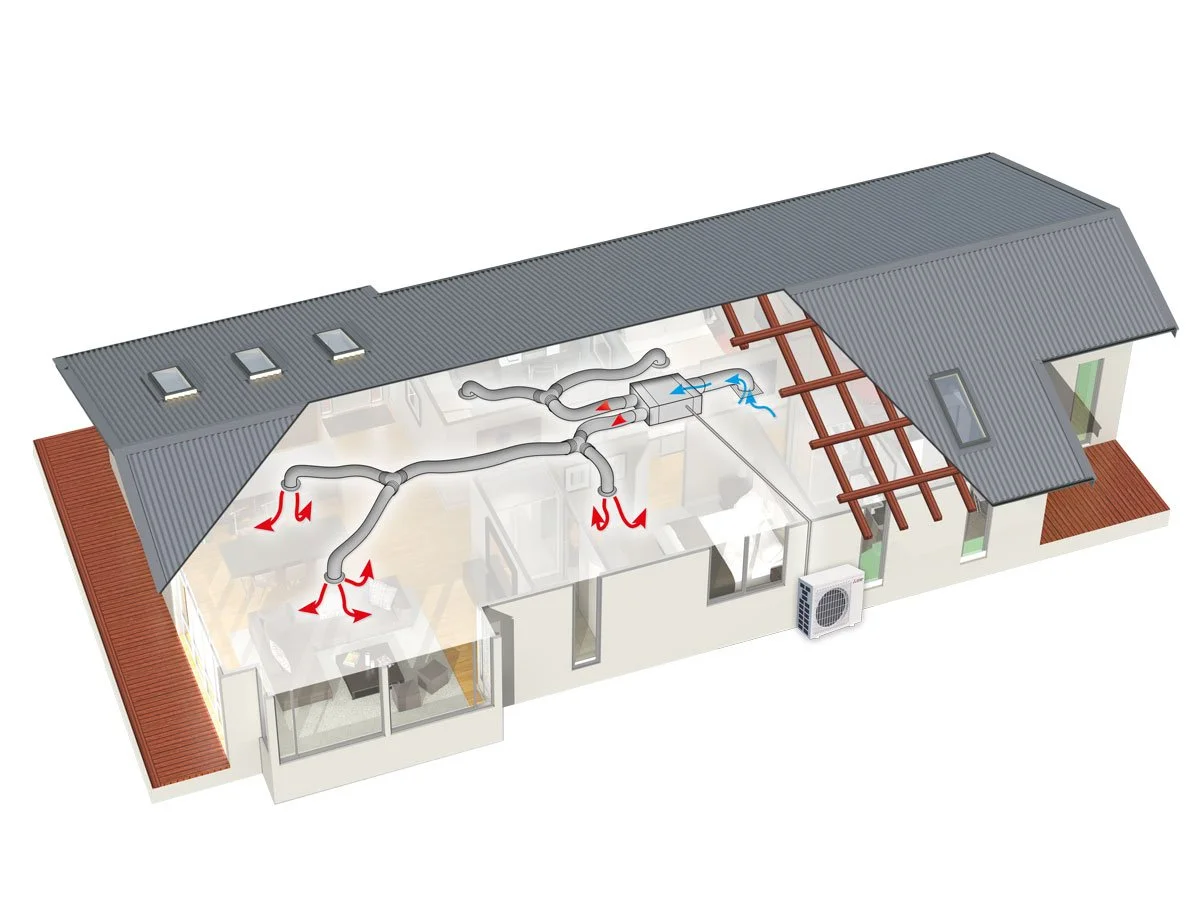 ducted air conditioning 3d model showing house and ducts and airflow