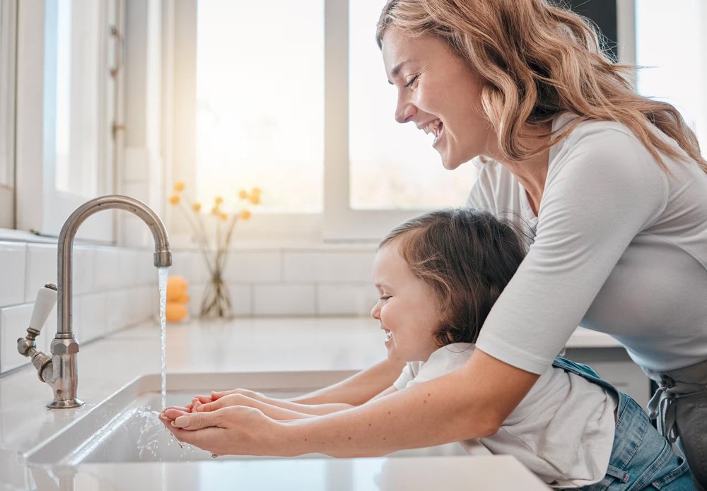 mother and daughter with hands under running tap