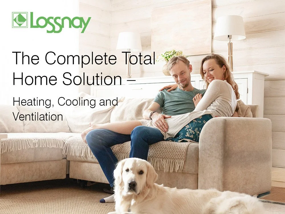 lossnay whole home ventilation solution with background of happy couple and golden retriever at home