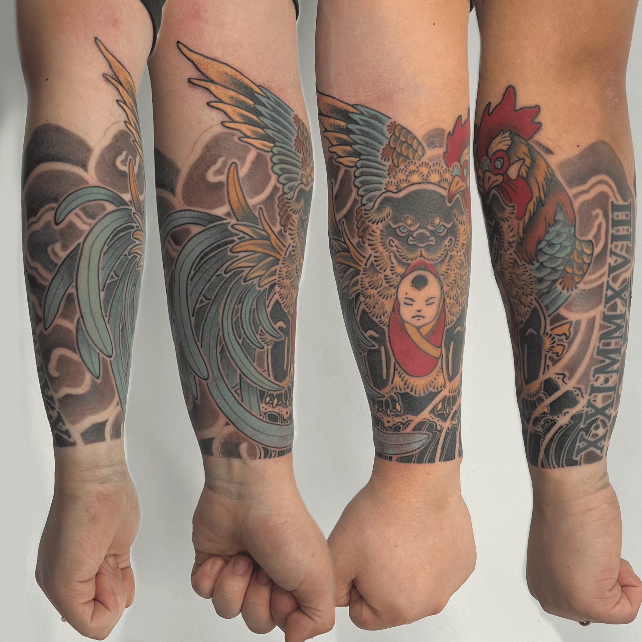 rooster foodog guardian family zodiac Japanese traditional tattoo