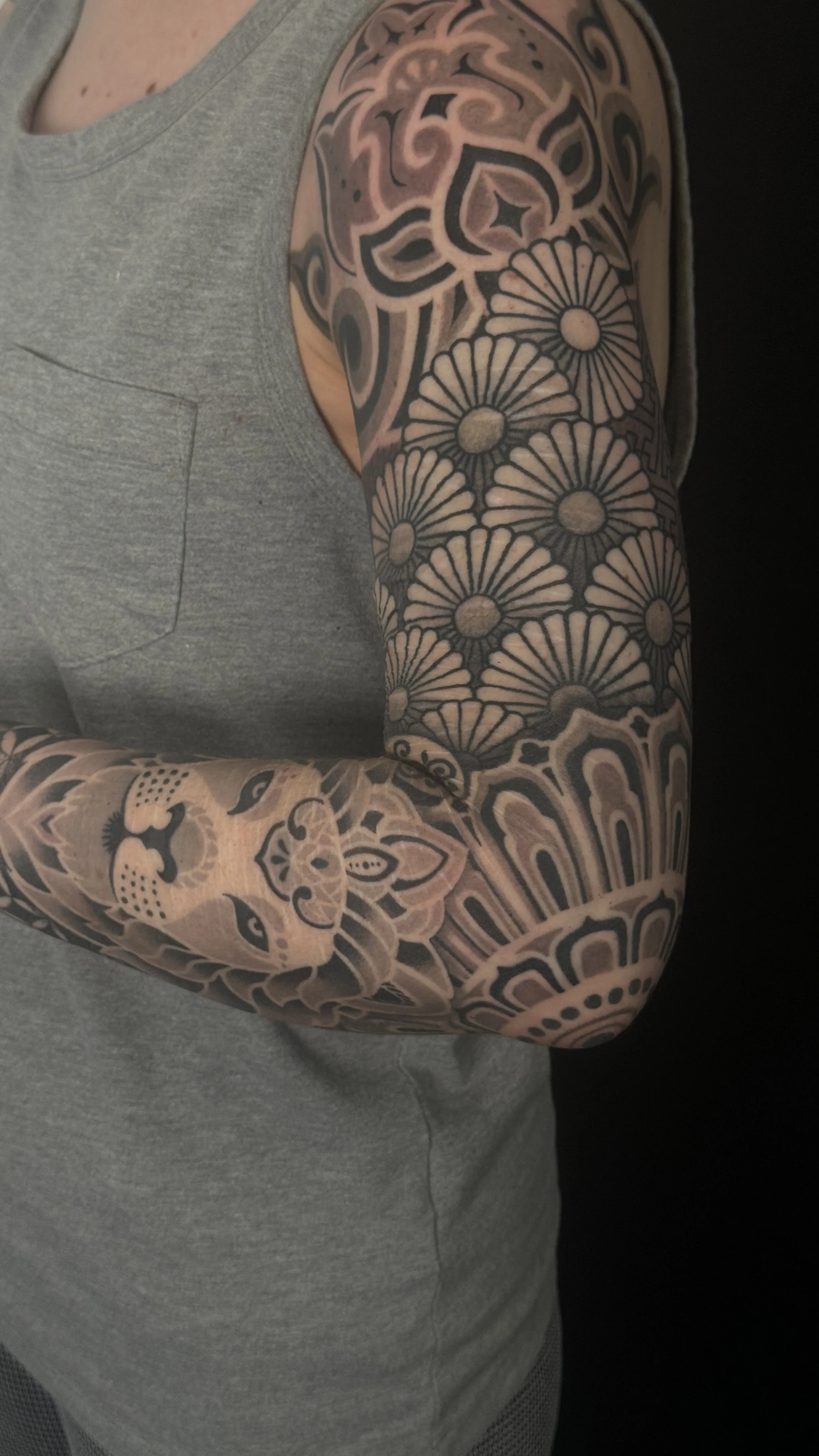 geometric sleeve scare cover up lion lotus tattoo