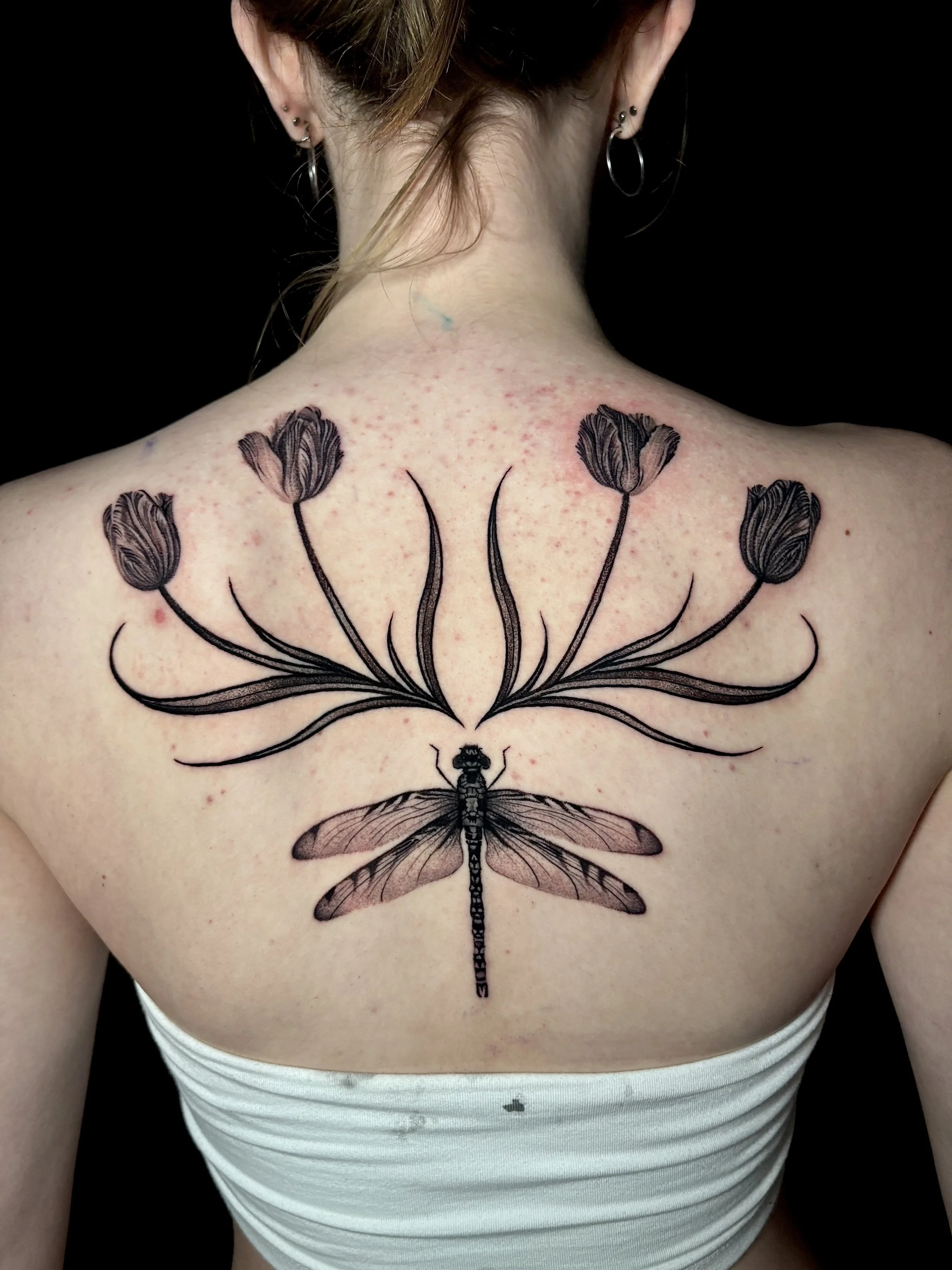Back Piece Dragonfly and Tulips Surrealism Tattoo Done by Pablo at Ink Terminal Ottawa Gatineau