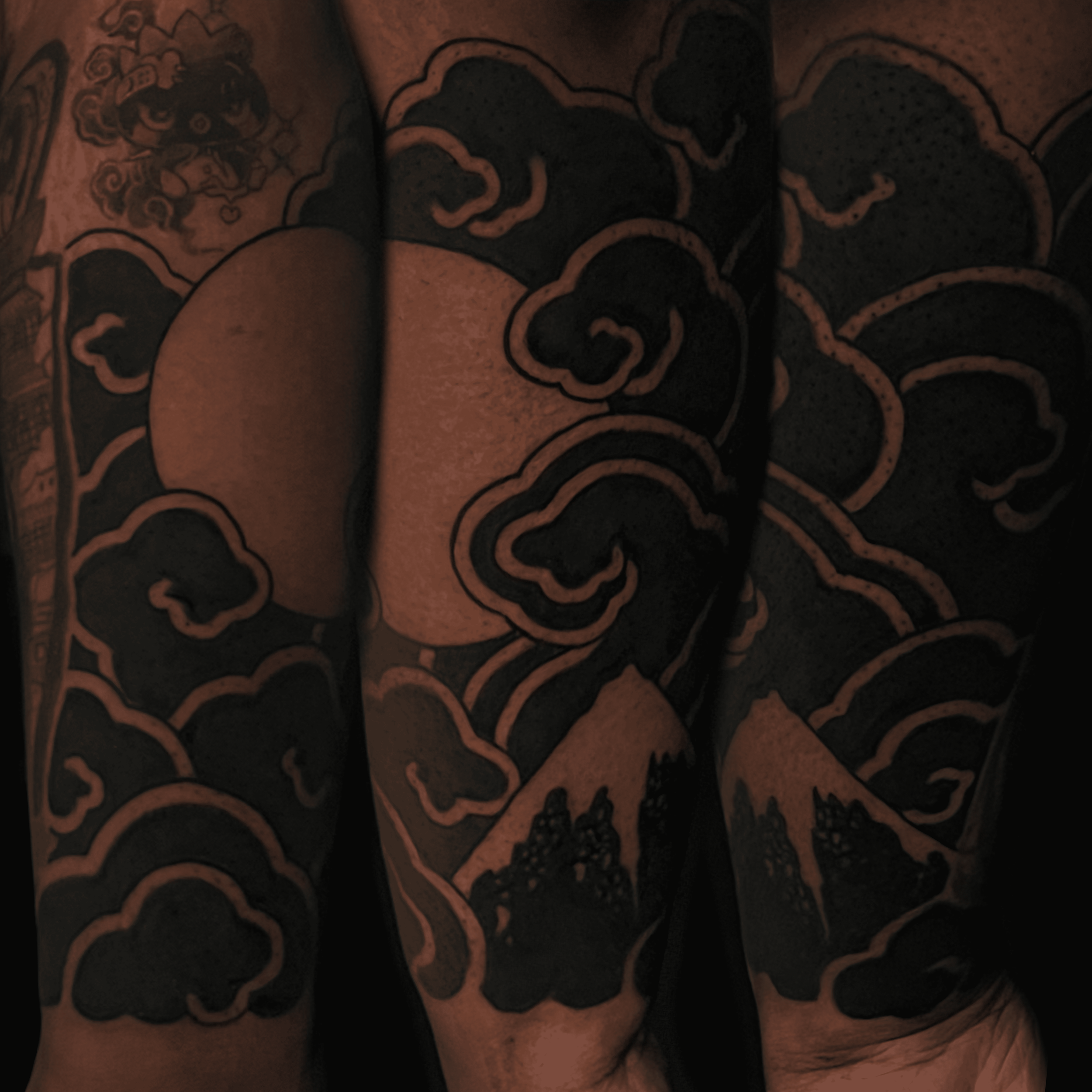 Mountain and moon Japanese traditional sleeve on dark skin