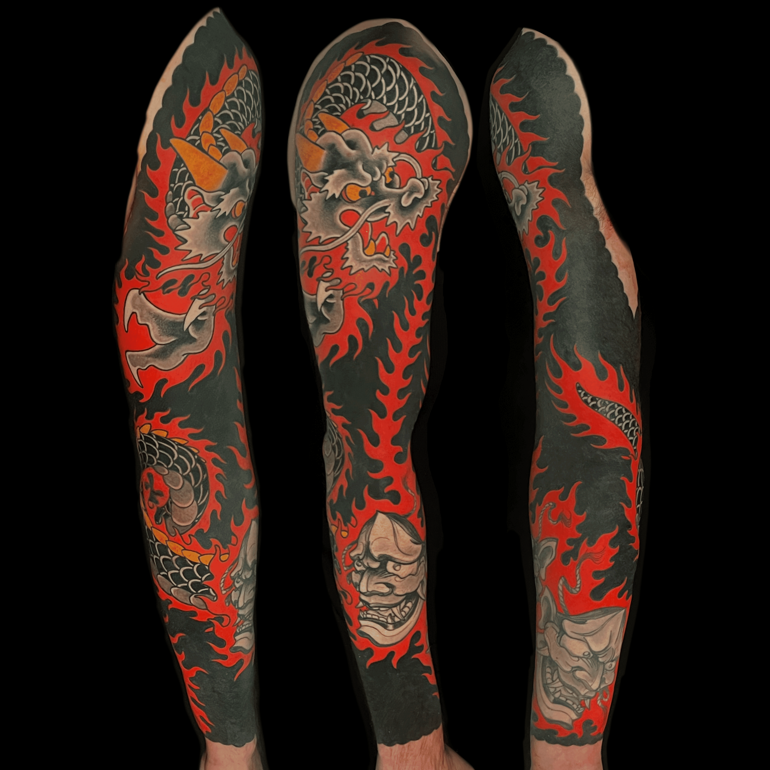dragon flame hannya noh mask japanese traditional sleeve tattoo